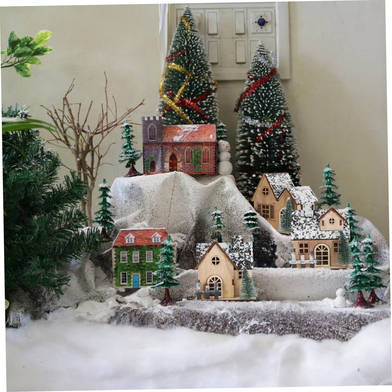 Hohopeti 3pezzi Casetta di Legno Natalizia Luci LED Villaggio di Case di Natale Decorazione per Casa di Natale in Legno