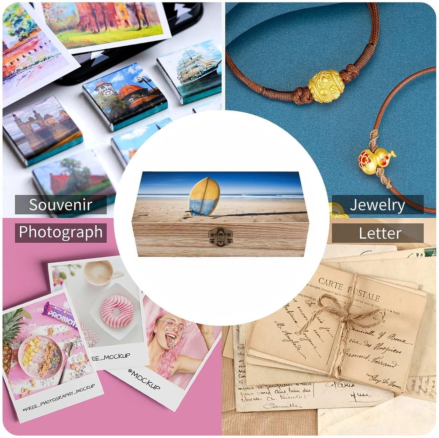 Beach Surfboard Wooden Storage Box 7.9" X 3.9" X 2.3" | Wooden Keepsake Box with Hinged Lid Retro lock Small Jewelry Storage Box Decorative Boxes for Photos Letters Trinkets Jewelry