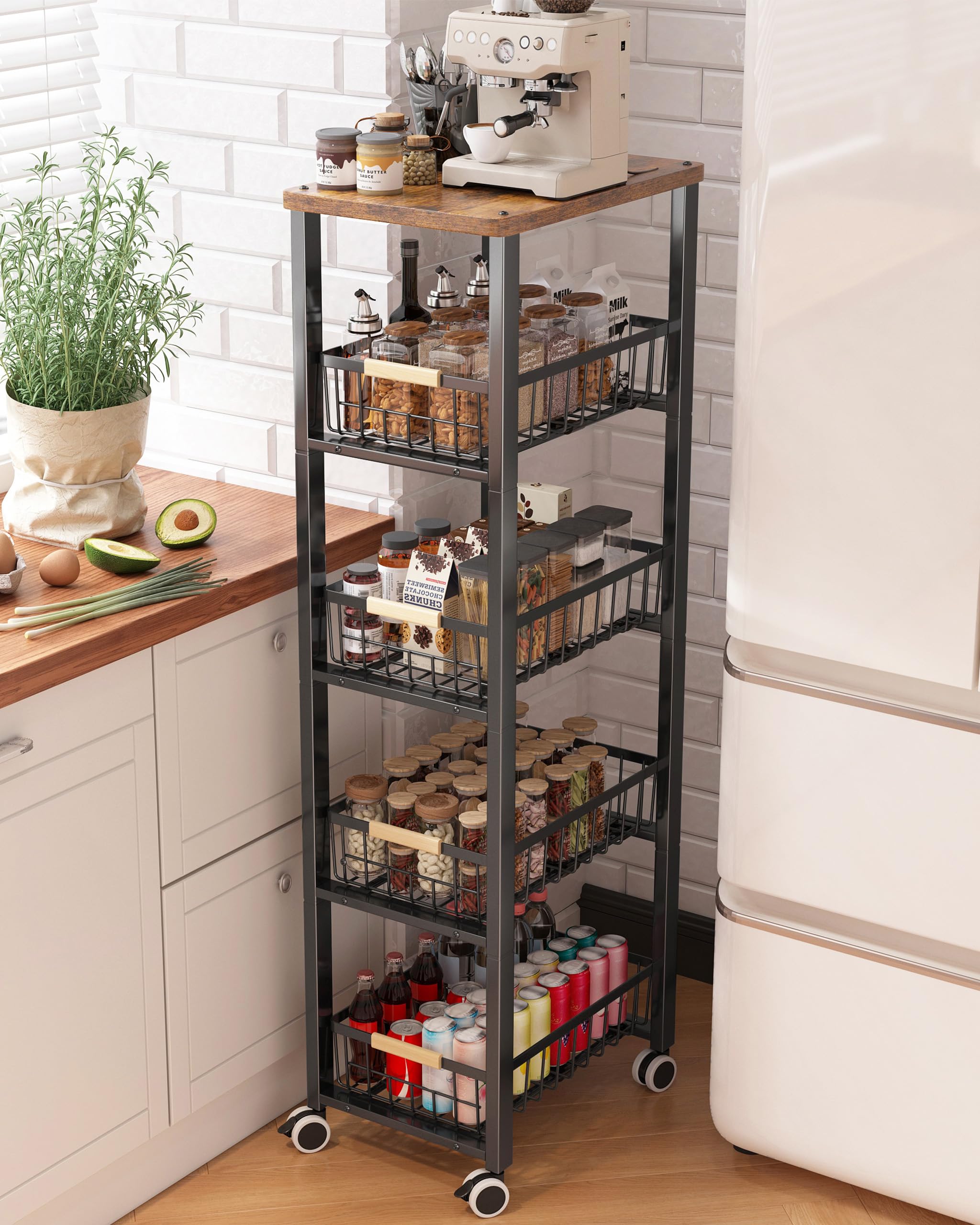 Verdulero Cocina con Ruedas,Carrito de Cocina con Ruedas 5 Niveles,Verdulero Cocina de Placa Superior, Negro