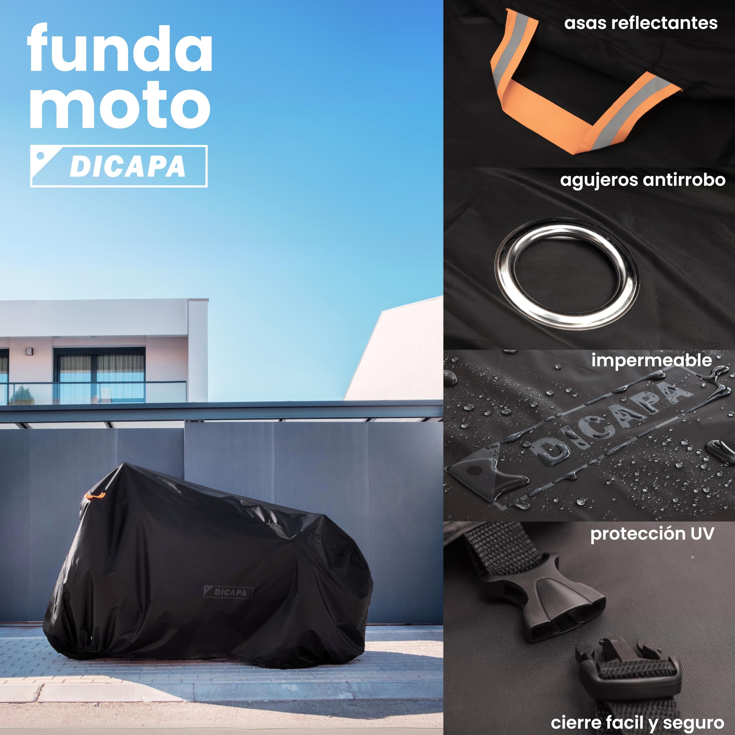 DICAPA Housse Moto Imperméable 230x98x125cm (L) Housse Moto Résistante à l'Eau, au Vent, à la Neige et aux Rayons UV. Housse pour Motos avec Système Antivol et Fermeture Élastique.