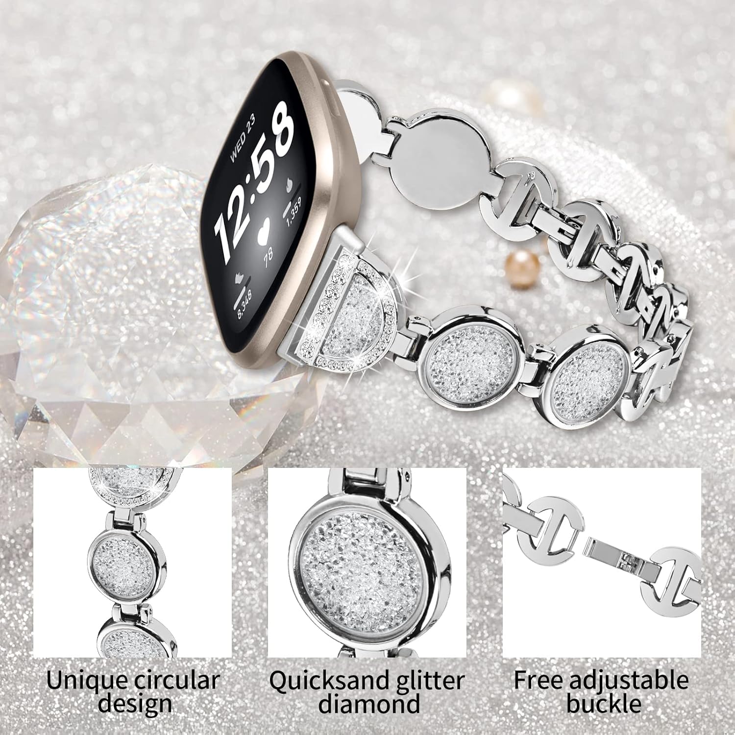 FitTurn Jewelry Bling Bands Compatible with Fitbit Versa 4/Sense 2/Versa 3/Sense Band for Women Men, Replacement Diamond Jewelry Metal Wristband Sparkle Design Elegant Strap for Versa 4 Smart Watch Accessories - Image 3