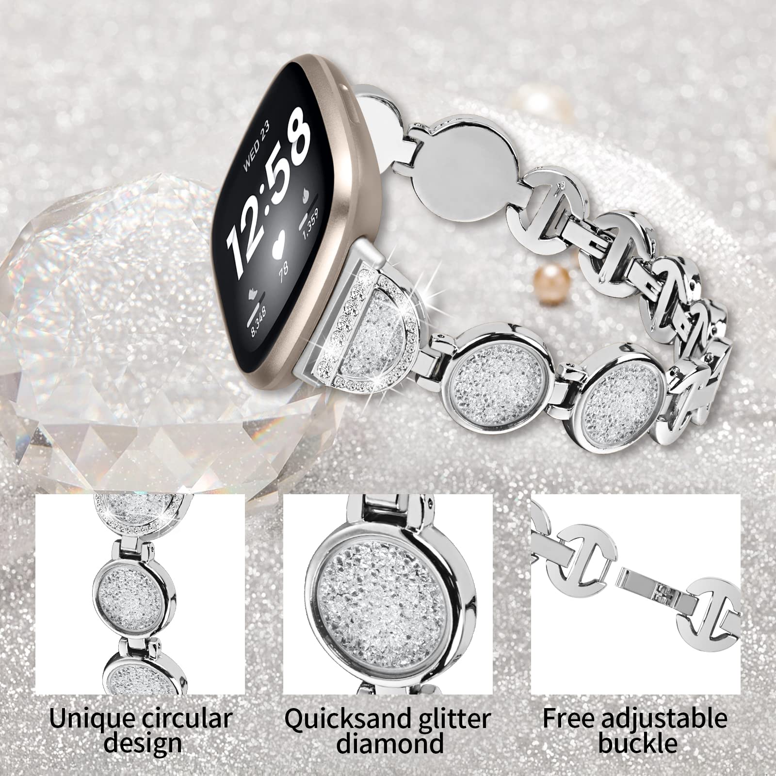 LAZIRO Watch Strap Compatible with Fitbit Versa 3/Sense, Fashion Metal Strap with Unique Circular Quicksand Design Free Adjustable Buckle Watch Band for Fitbit Versa 3 /Fitbit Sense - Silver
