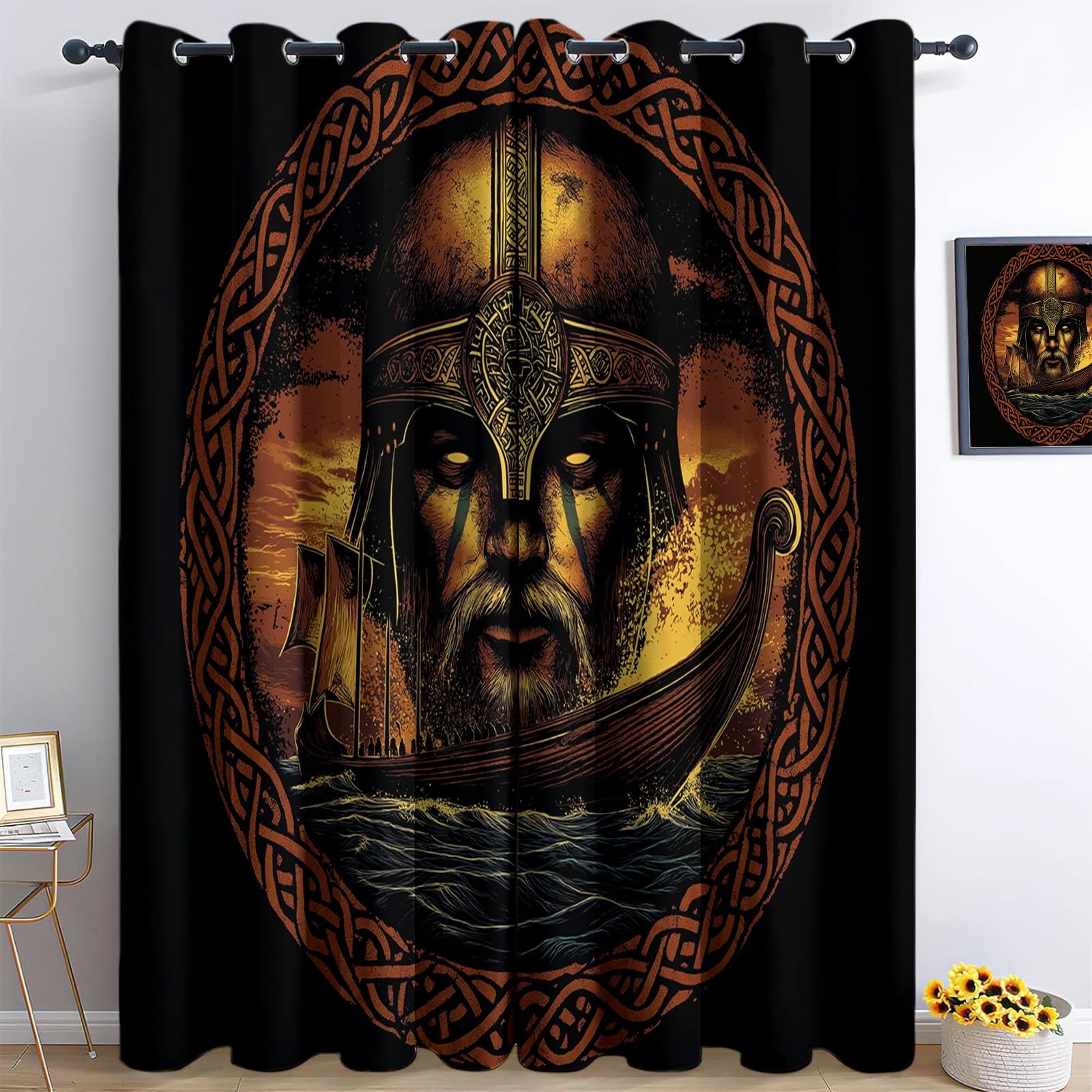 Black Blackout Curtains, Eyelet Window Curtains 3D Printing Celtic Pattern Viking Face Longboat 46” W x 72” L 2 Panels Insulated Pencil Pleat Thermal Curtain for Living Room Bedroom Nursery Room