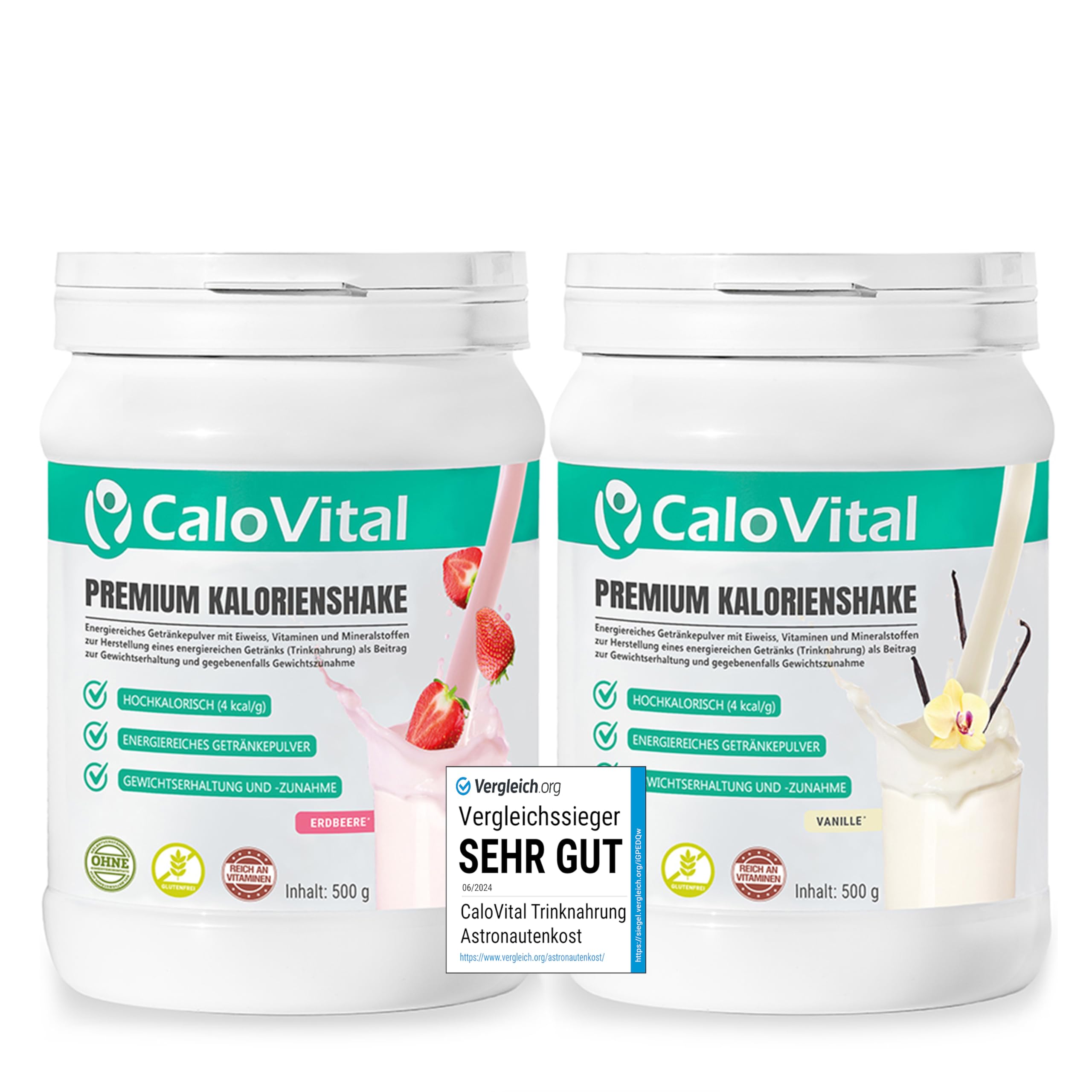 Zunehmen mit CaloVital | Zunehmshake hochdosiert mit vielen Vitaminen | Weight Gainer für schnelle Gewichtszunahme & Masseaufbau |Premium Qualität aus Deutschland (2er Set Vanille - Erdbeere)
