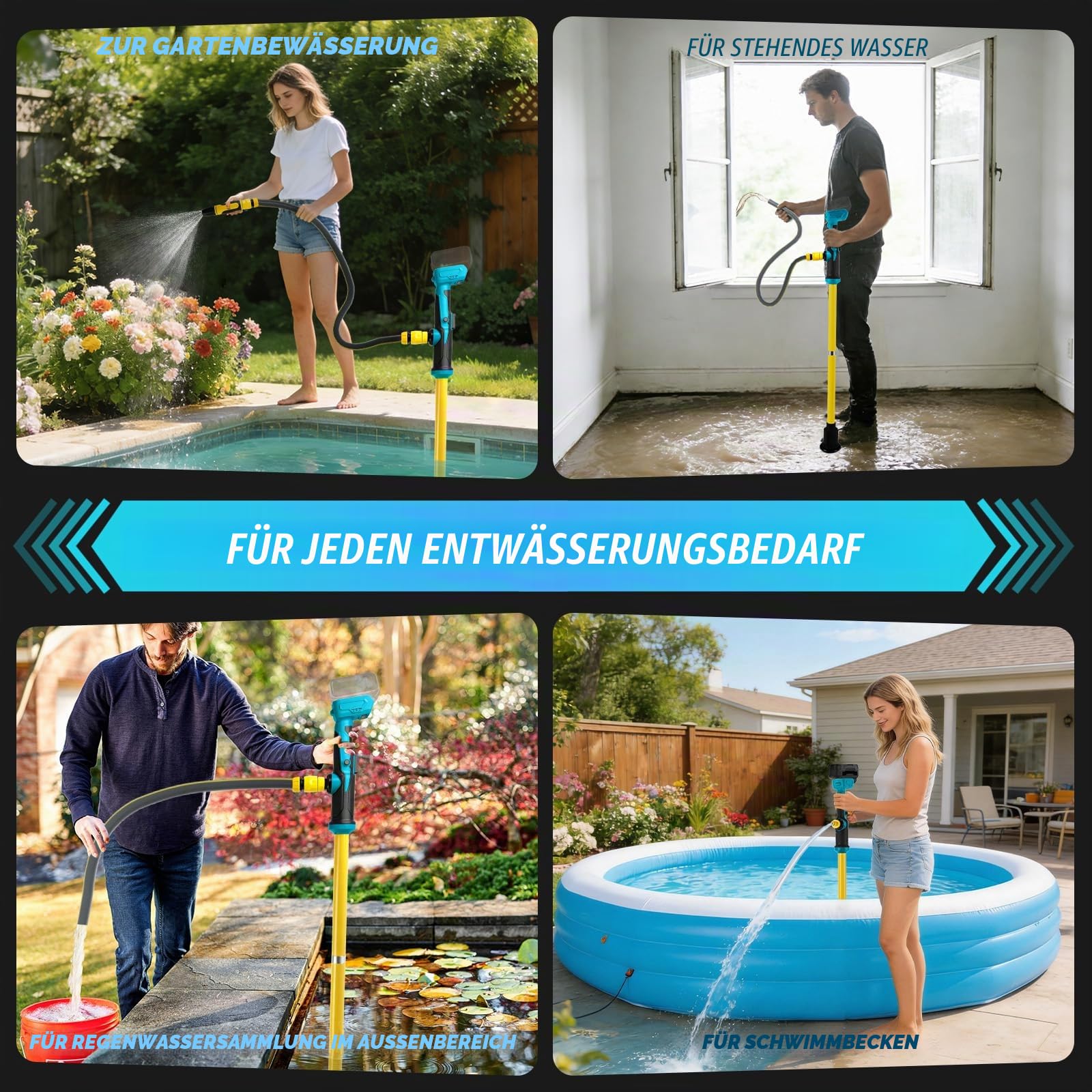 Akku Regenfasspumpe, kompatibel mit Makita 18V-Akku (ohne Batterie), 90 l/min Durchfluss, tragbare selbstansaugende pumpe mit 1,5 m Schlauch und Düse, für Pool, Garten, Teich, Fassentleerung