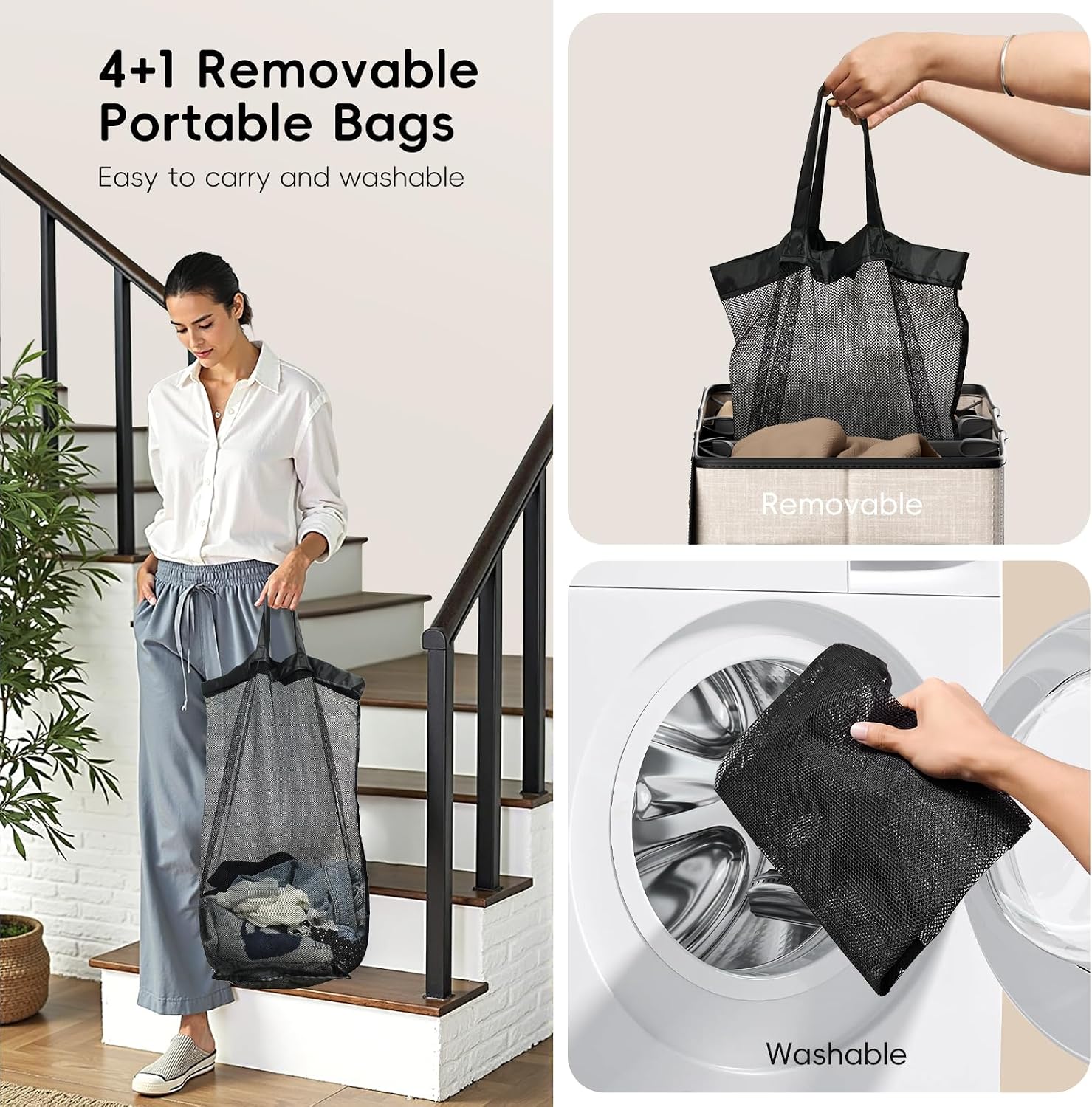 Laundry Hamper 4-Section with Lid, 185L Laundry Sorter with 4 Removable Bags + 1 Extra Large Bag, Switchable 3/4 Compartment, Laundry Basket Organizer for Bedroom, Laundry Room，Beige