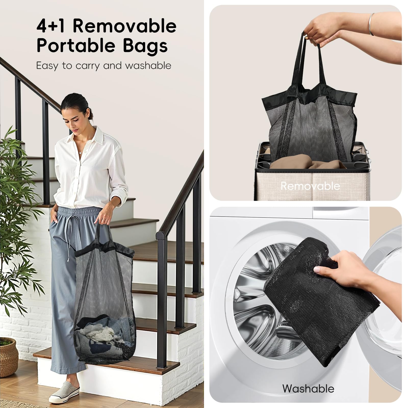 Wäschesammler 4 Abschnitte mit Deckel, 185L Wäschesortierer mit 4 abnehmbaren Taschen + 1 extra große Tasche, umschaltbares 3/4-Fach, Wäschekorb Organizer für Schlafzimmer, Waschküche, Beige