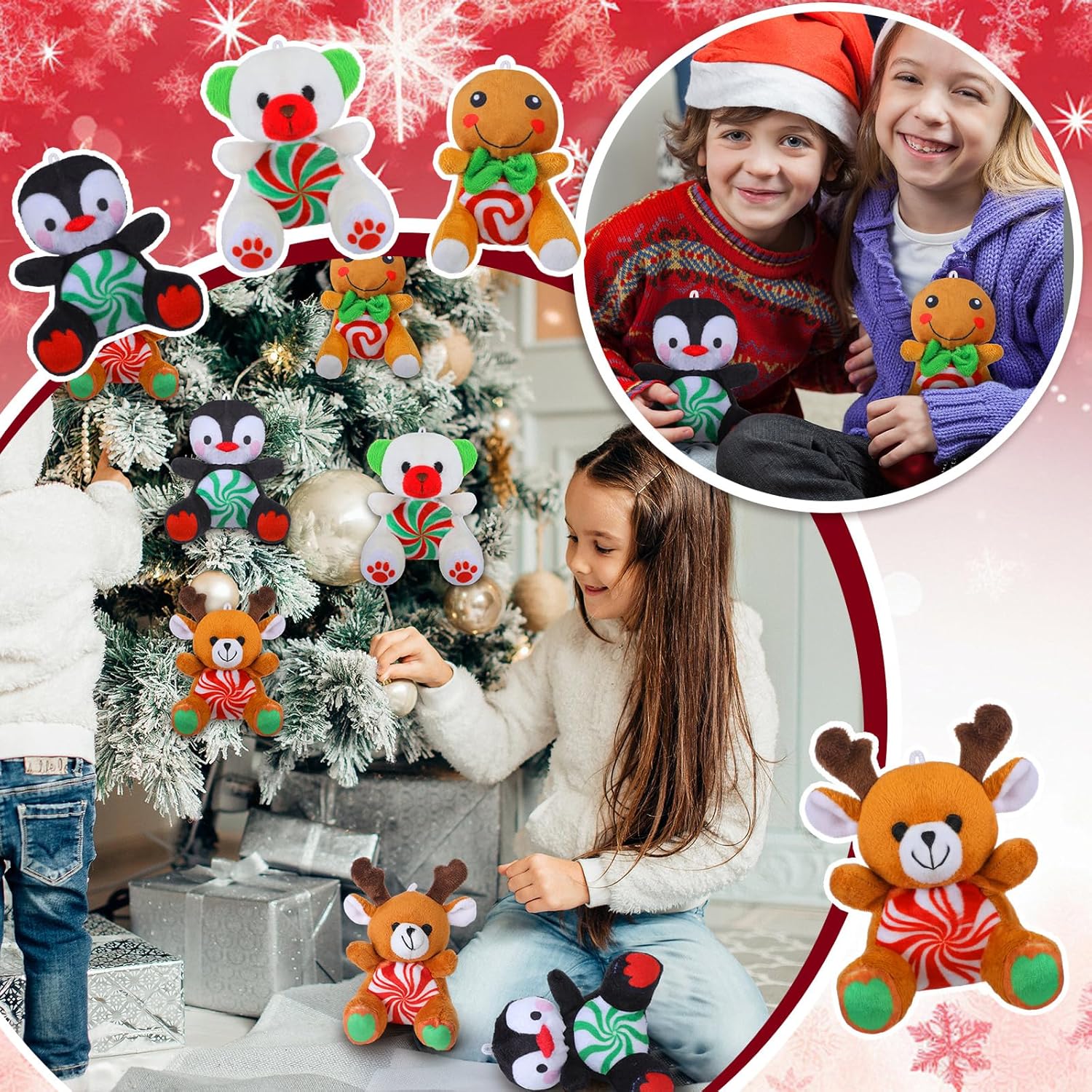 Gejoy 16 Pcs Christmas Peppermint Candy Plush Toys Bulk Mini 4" Reindeer Polar Bear Gingerbread Man Penguin Stuffed Toys with Cards for Party Favors Stocking Goodie Bag Fillers