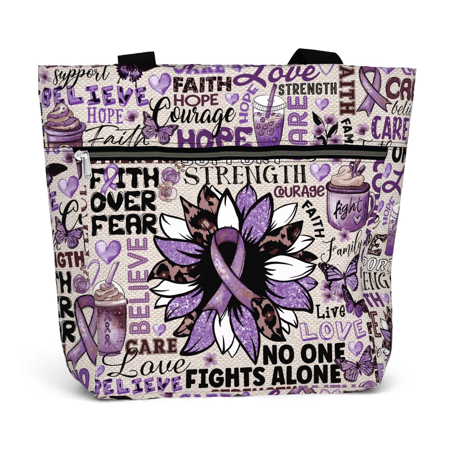 84hoods Large Waterproof Tote Bag with Pockets and Zipper for Work. Cancer Support Awareness Gift for Survivor Fighter. Aesthetic 15 inch Shoulder Bag
