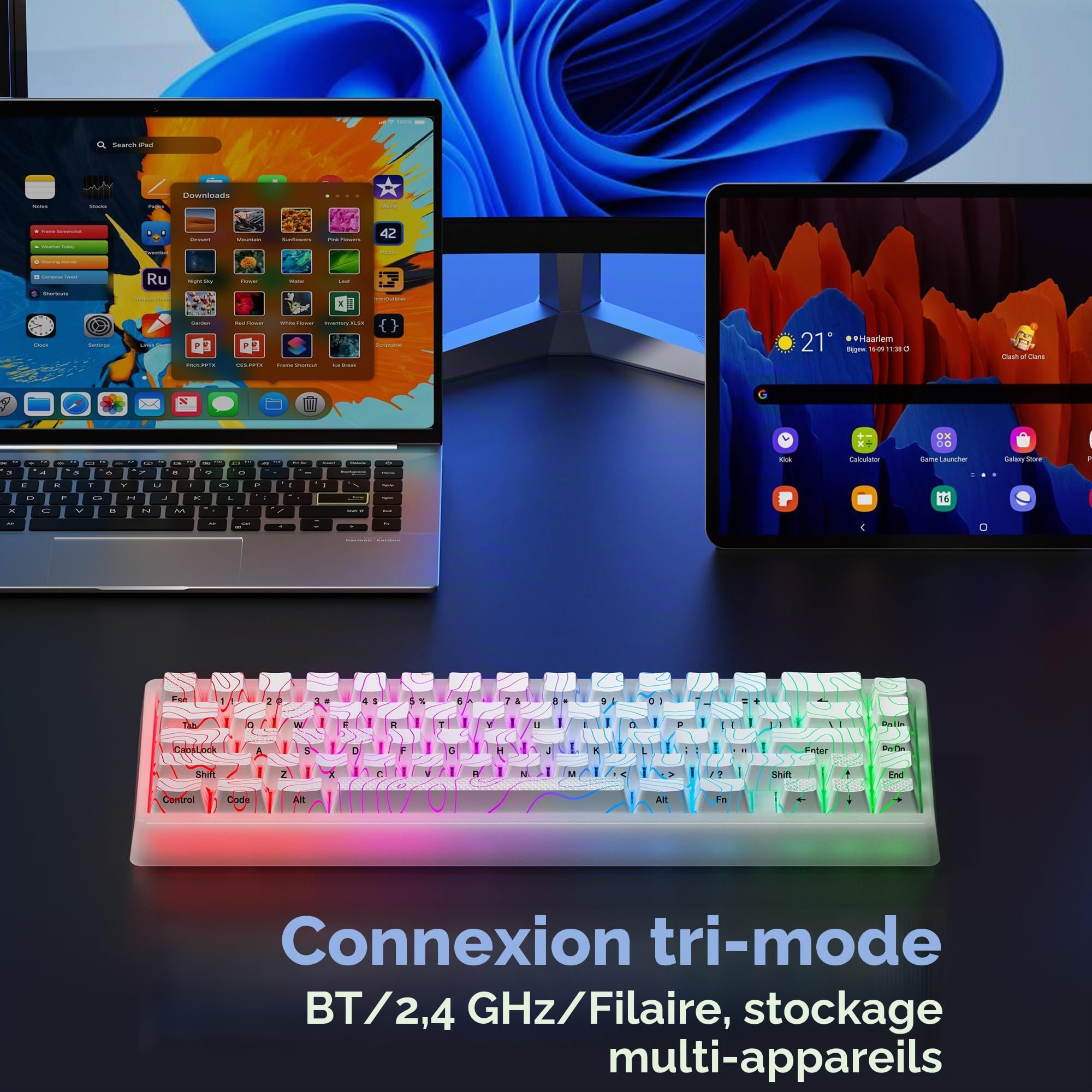 HITIME XVX M67 Clavier sans fil 60 % sans fil, clavier de jeu topographique QMK/VIA, clavier mécanique Thocky Creamy Tri-mode, joint d'étanchéité remplaçable à chaud, technologie IMD RVB pour Windows
