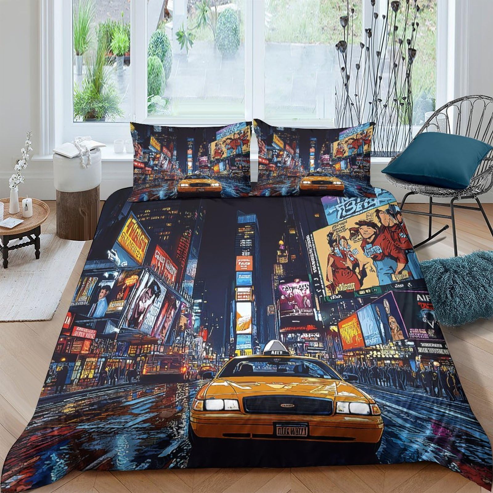 Ctjqhvkz Style-10 3D Printed Times Square Night Taxi Fitted Sheet Microfiber Soft Bed Sheet Urban Art Bedroom Decor Single（135X200cm）