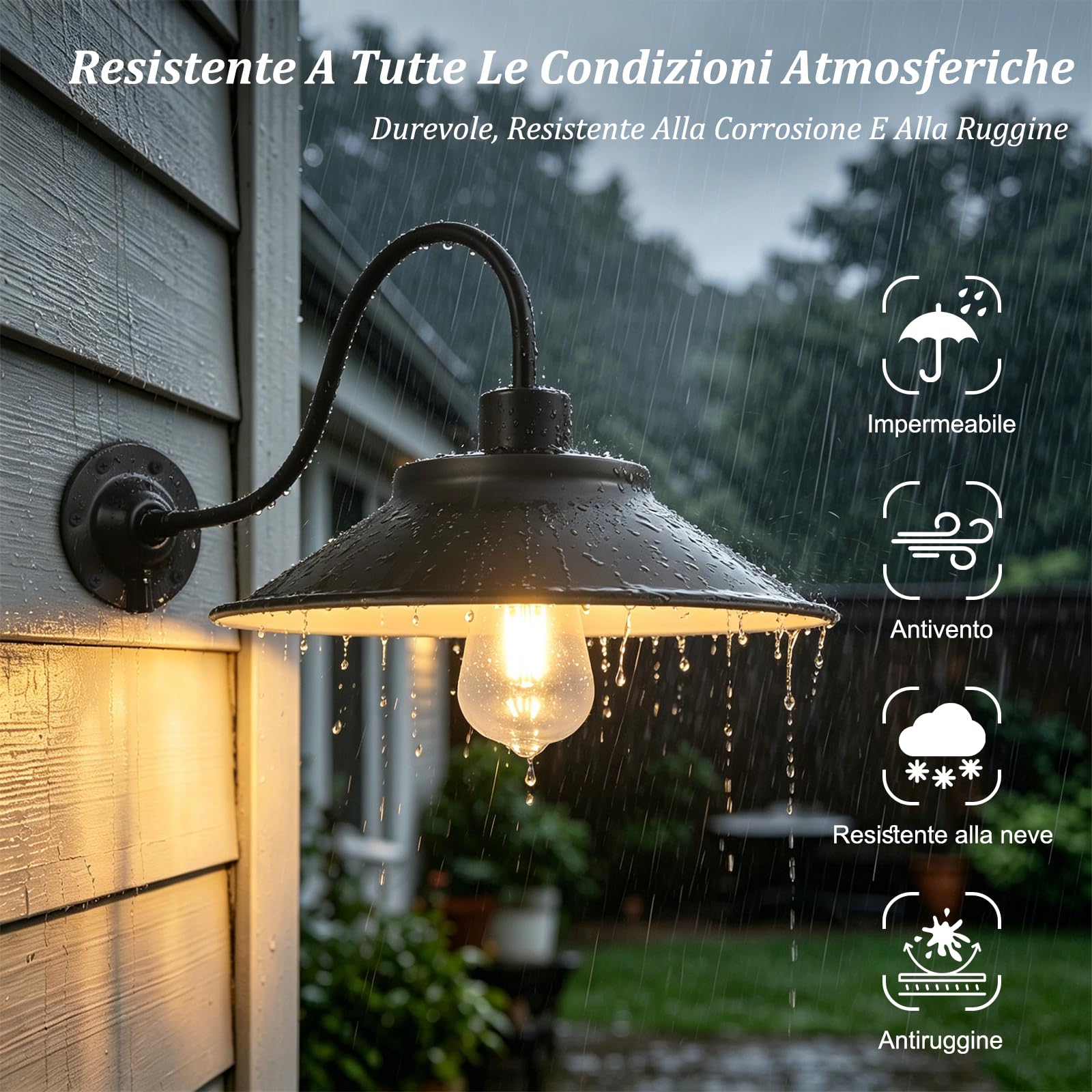 4 Pezzi applique da parete per esterni impermeabili lampade da veranda in ferro nero Luci da parete per esterni vintage a collo d'oca in stile rustico per garage ingressi e terrazze