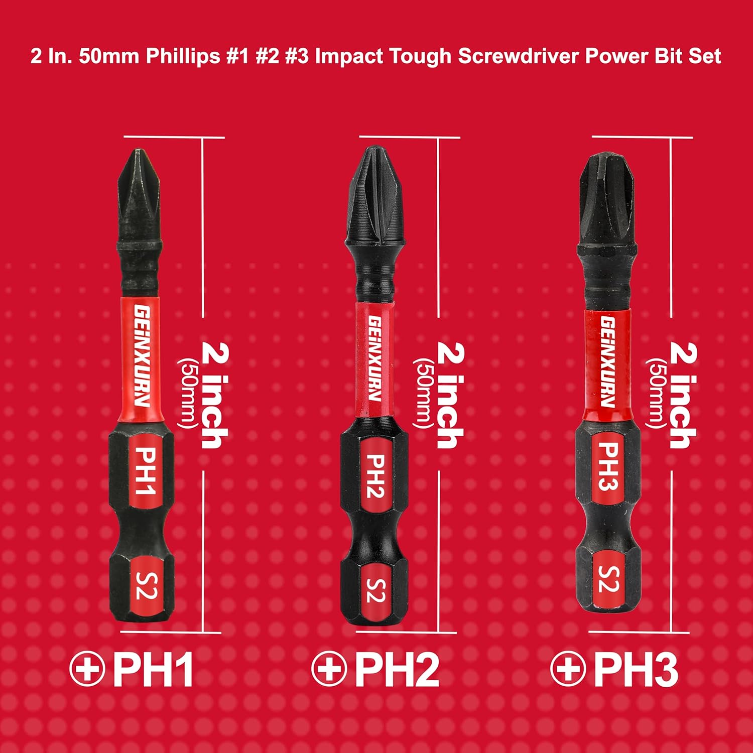 Geinxurn Anti-Slip Hex PH1/PH2/PH3 Insert Driver Bits 20 Pack 2 in. Impact Tough Magnetic Screwdriver Bits Set, 1/4 Inch Hex Shank Phillips Cross Screwdriver Bits Set