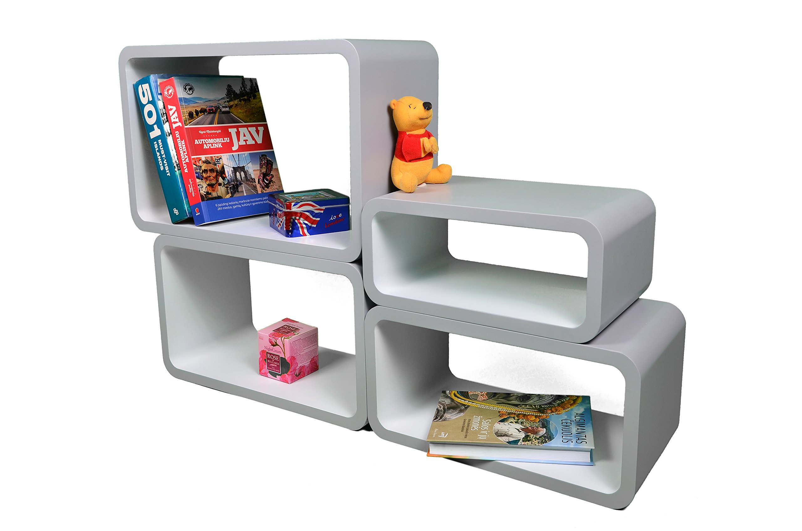 Verstärkte Vielen Farben MDF Retro Design Cube 4er Set Regal Regale Wandregal Deko Würfel CD DVD Lounge Cuben LO01P (Grau/Weiß)