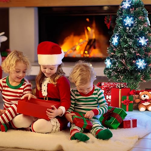 Miniatura 6 de Goplus Árbol de Navidad de fibra óptica preiluminado de 6 pies, árbol completo de Navidad artificial con coloridas luces LED de copo de nieve, 220