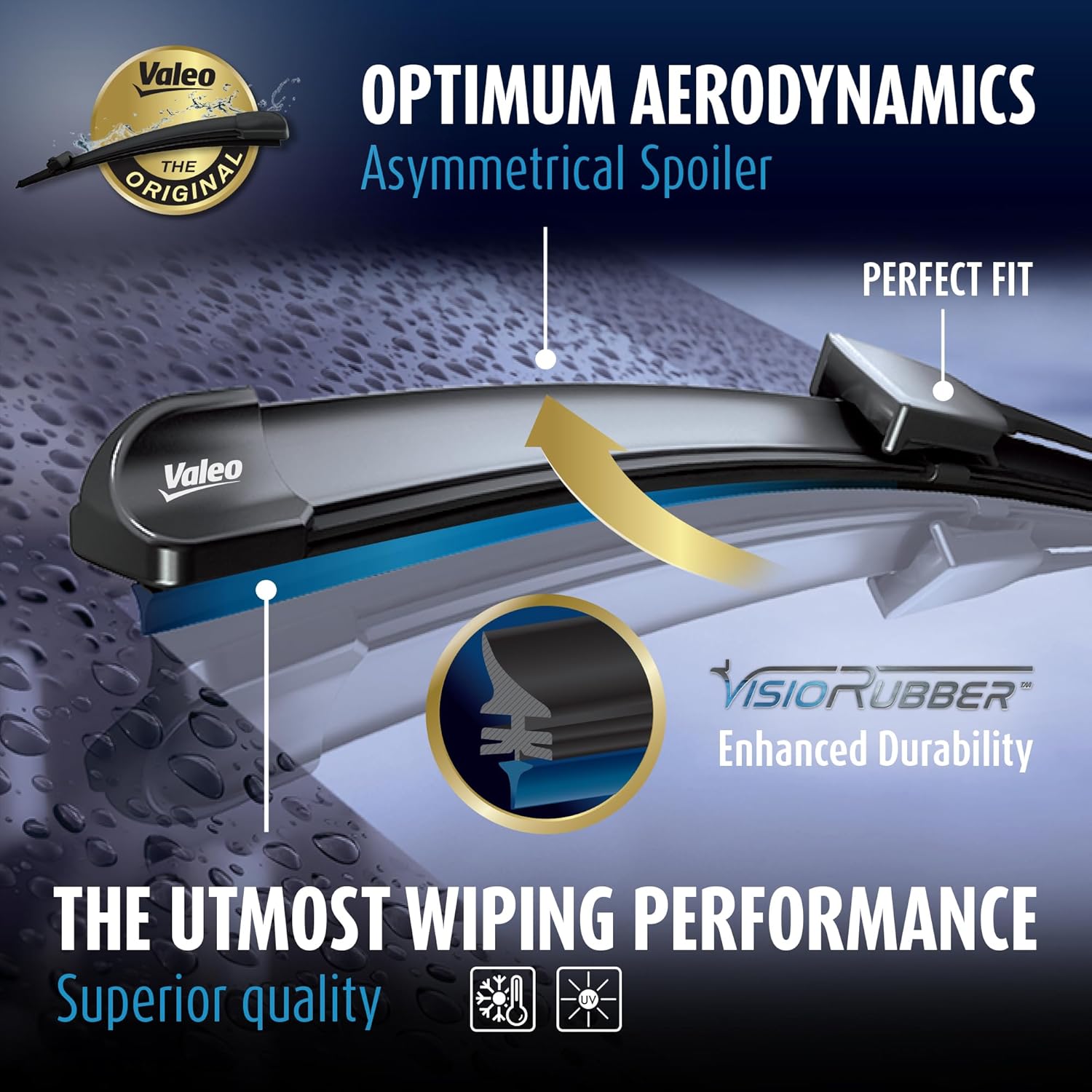 Diagram illustrating VALEO wiper blade features: optimal aerodynamics, perfect fit, VisioRubber enhanced durability, and superior wiping quality.