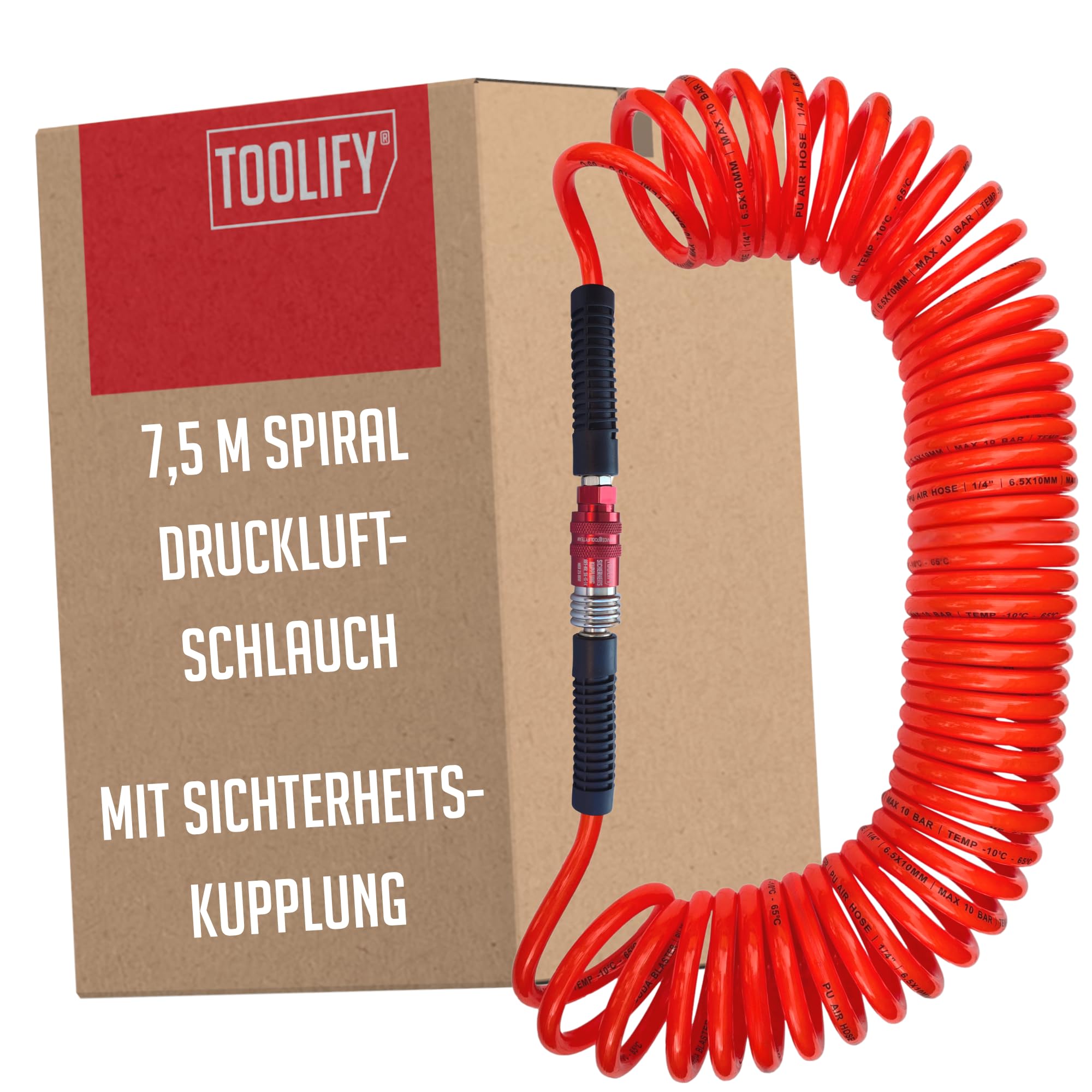 leichter Druckluft Spiralschlauch 7,5 m mit Sicherheitskupplung für Kompressor | Pneumatik Schlauch PU flexibel bis -10 °C | knickfest | ölbeständig | selbst zusammenziehend | max 10 bar