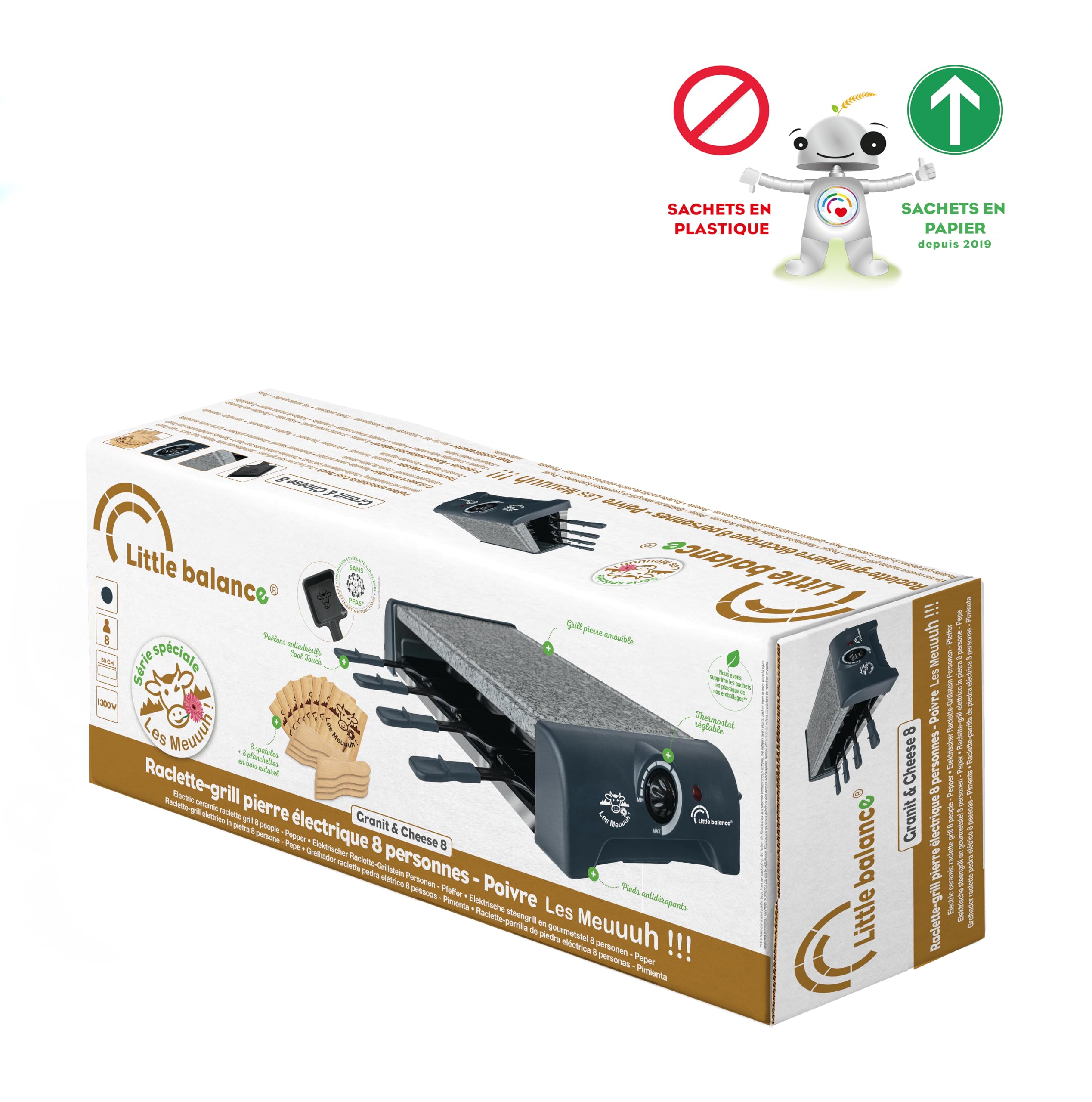 LITTLE BALANCE 8751 Granit & Cheese Meuuuh…!, Appareil à raclette, Sans PFAS, Pierrade, Pierre naturelle Granit, Multifonctions, 8 personnes, 1300 W, Poivre