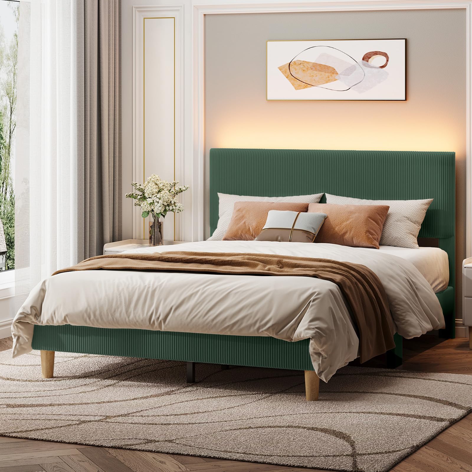 bestier queen bed frame with headboard,platform queen size bed frame with led lighting,bed frame wooden slats support,no box spring needed,never squeaks, easy assembly,green