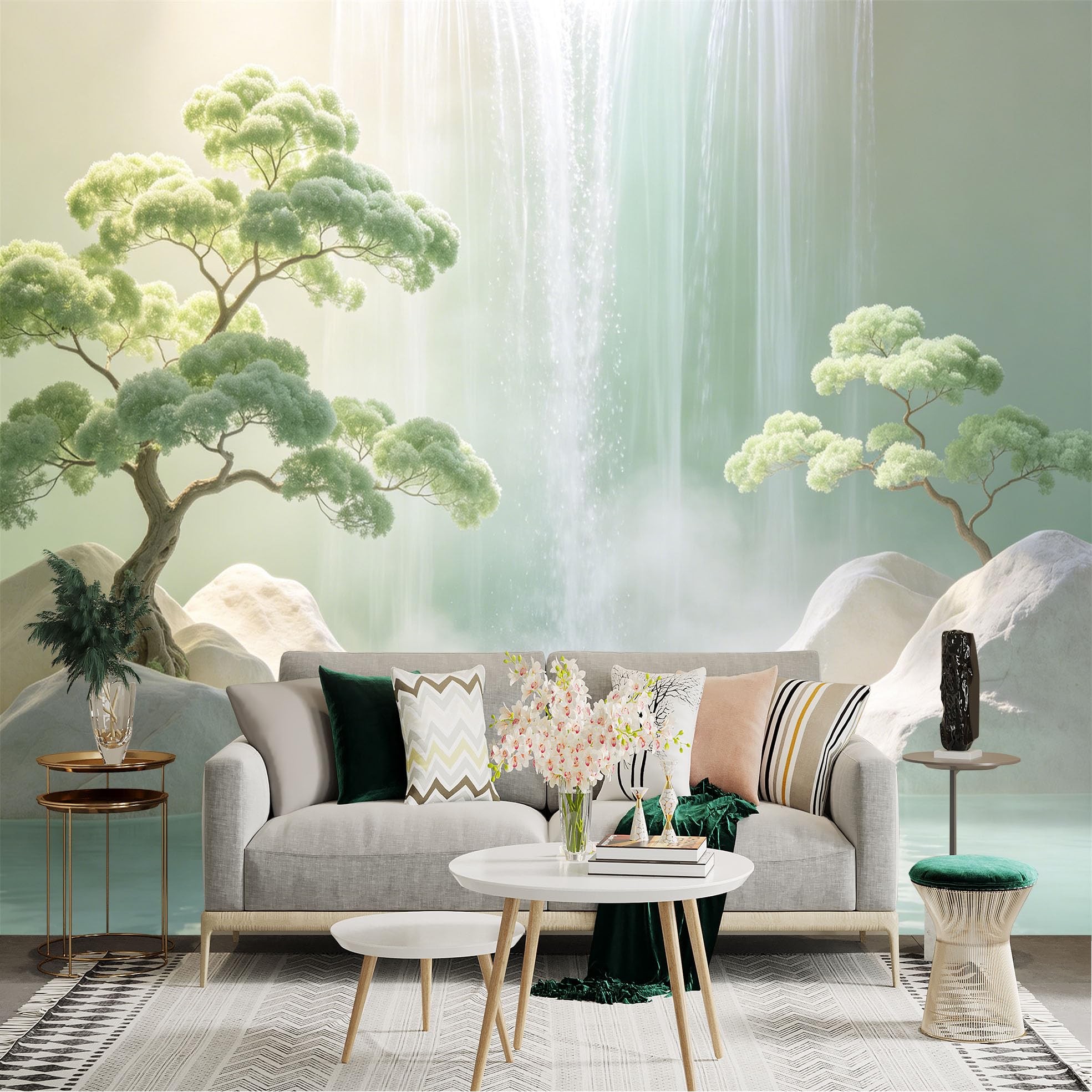 Lnzczhyre Dbh260521196 Custom Size Wall Sticker Mural， Serene Waterfall With Zen Trees， Misty River Landscape， Tranquil Nature Scene， For Wall Decoration， Peelandstick Wall Decals.