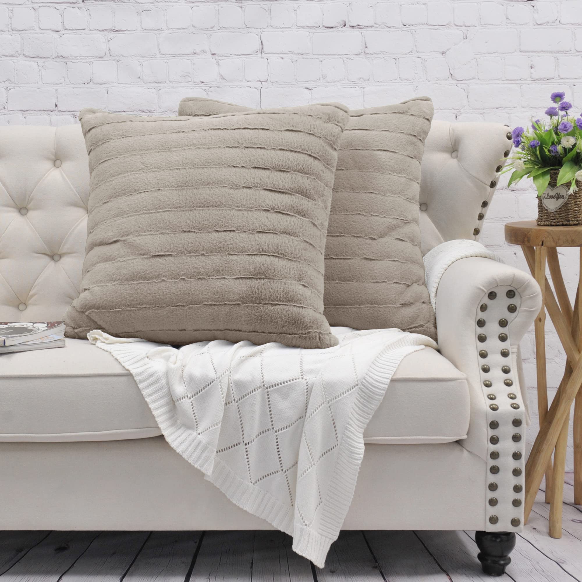 Striped Faux Fur Decorative Euro Throw Pillow Covers with Sherpa Back 26 x 26 Inches Set of 2, Plush Soft Luxury Cushion Case Pillowcase for Couch Bed Bedroom Living Room, Khaki