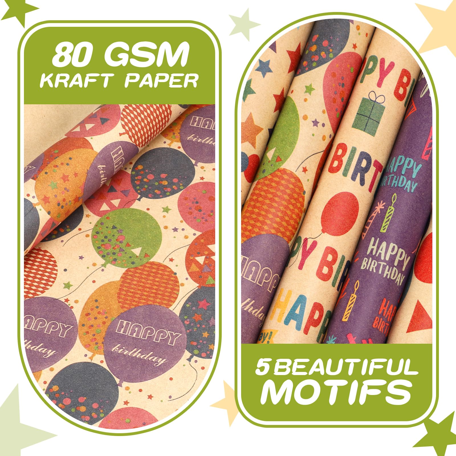 5 Rouleaux Papier Cadeau Anniversaire Enfant - 43 Cm X 300 Cm, Motifs Dinosaures Et Ballons, Recyclable