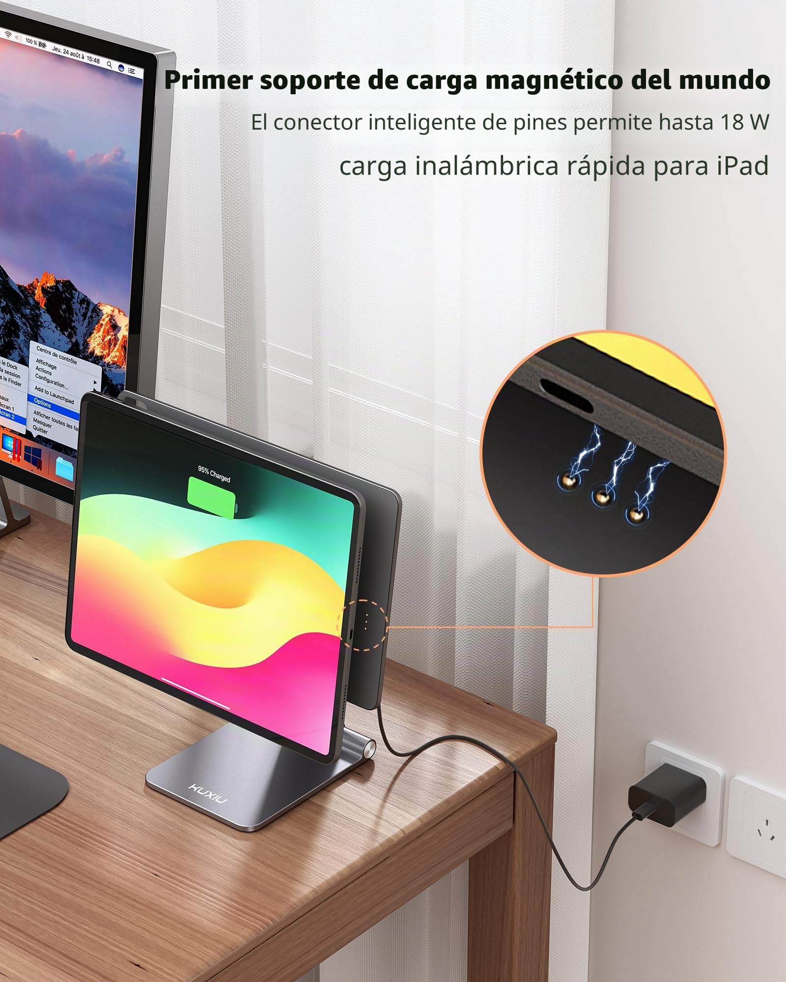 KU XIU X33 PRO MAX Soporte de Carga Inalámbrica Magnética Solo para iPad Pro 11" M4 2024, Soporte de Aluminio Plegable, Soporte Ajustable 360° para Escritorio con Cable USB-C de 1M para iPadPro 11" M4