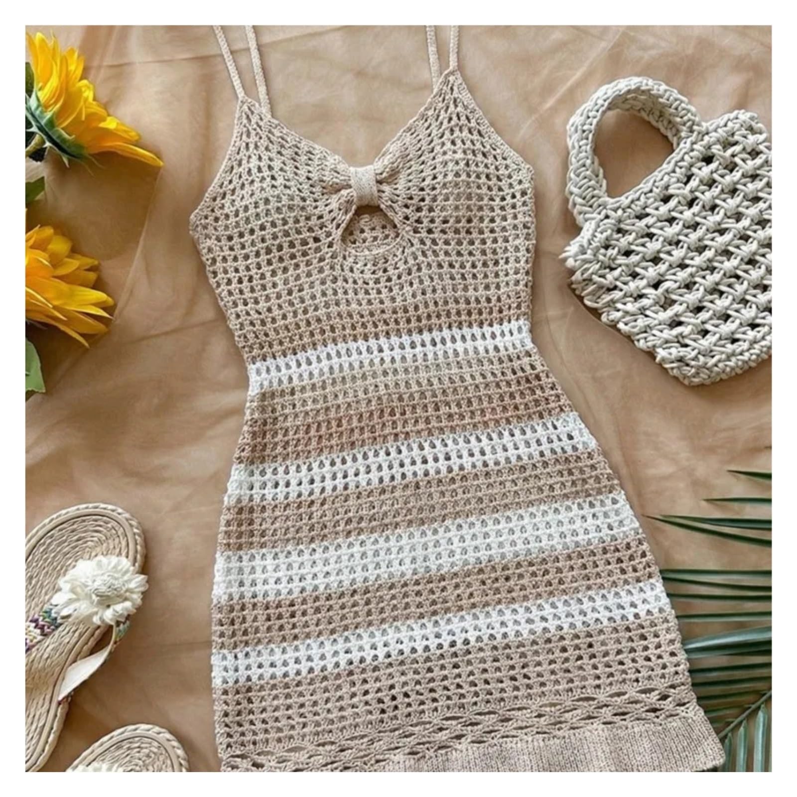 Vestido de Playa de Ganchillo Túnica de Punto Ganchillo con Cuello en V ahuecada, Pareo Playero sin Mangas, Mini Vestido Playa, Ropa for Mujer