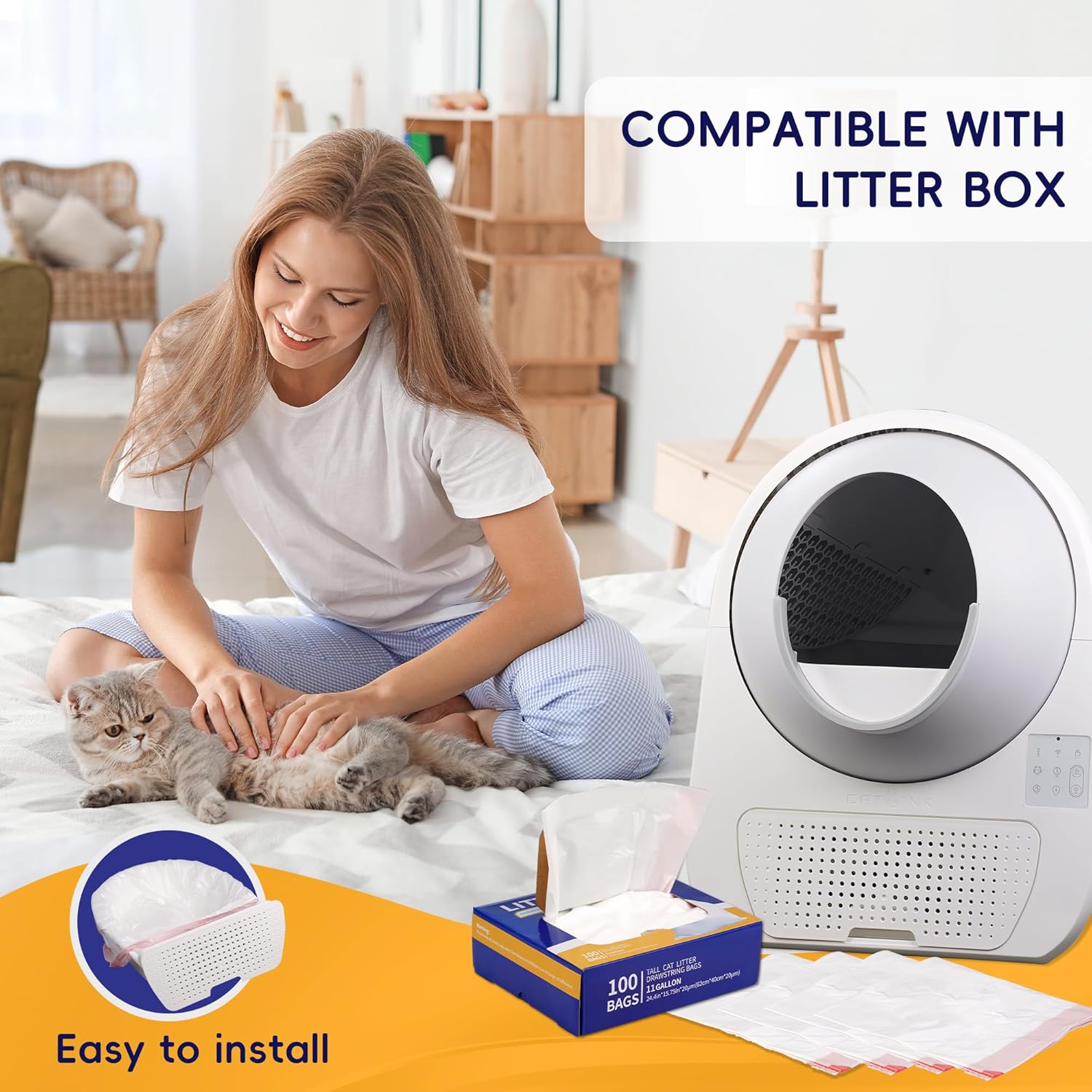 Drawstring Litter Liner Bags 100 Pack-Cat Litter Box Liner Bags for Litter Box Robot 3 and 4 Thick Waste Bags for Self-cleaning Cat Litter Box Liner Trash Bags for Home/Kitchen Trash Cans
