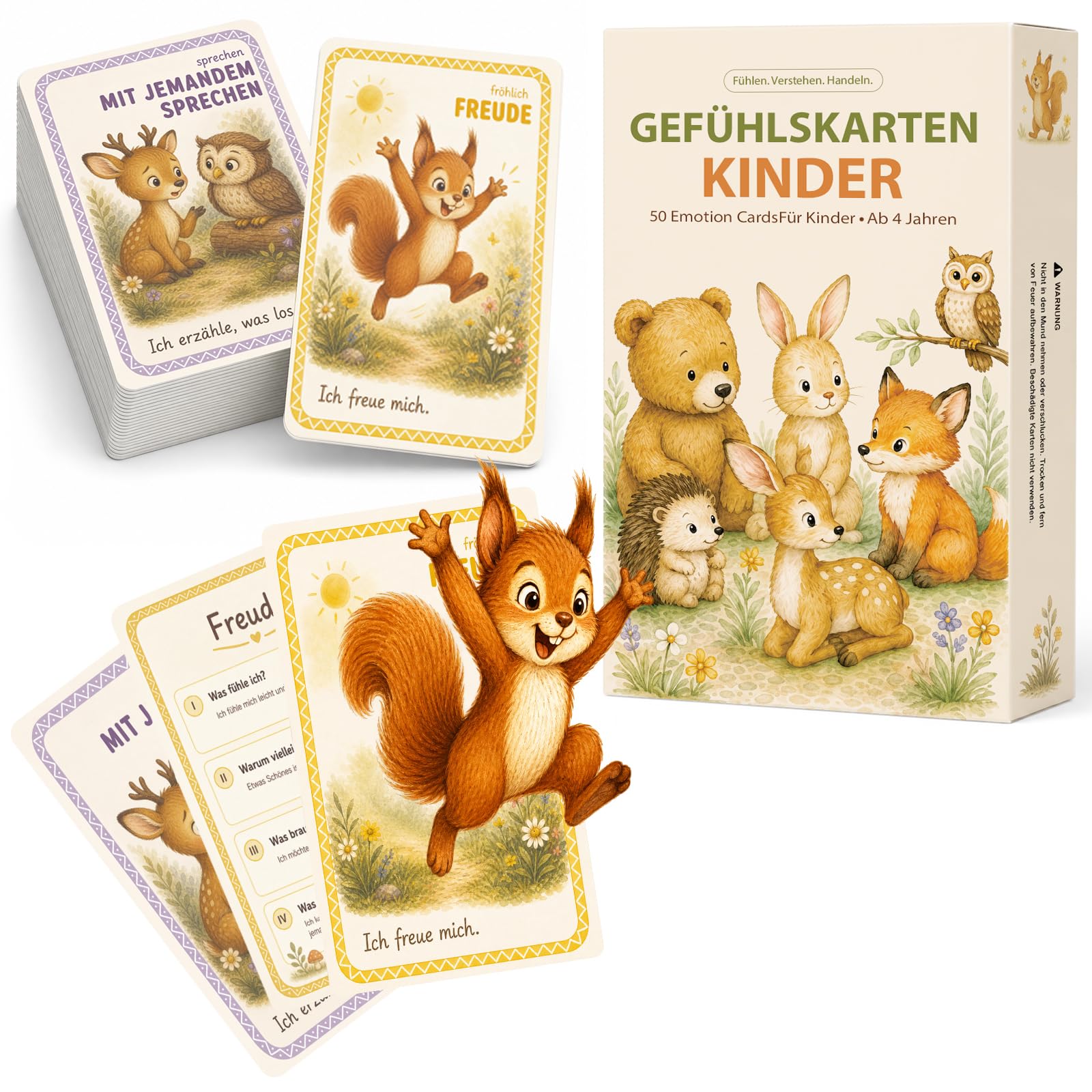 SURFOU Emotion Cards for Children, 50 Cards to Recognise Emotion Cards | Expressing feelings, flash cards made of robust 400 g cardboard for nursery, preschool and language promotion