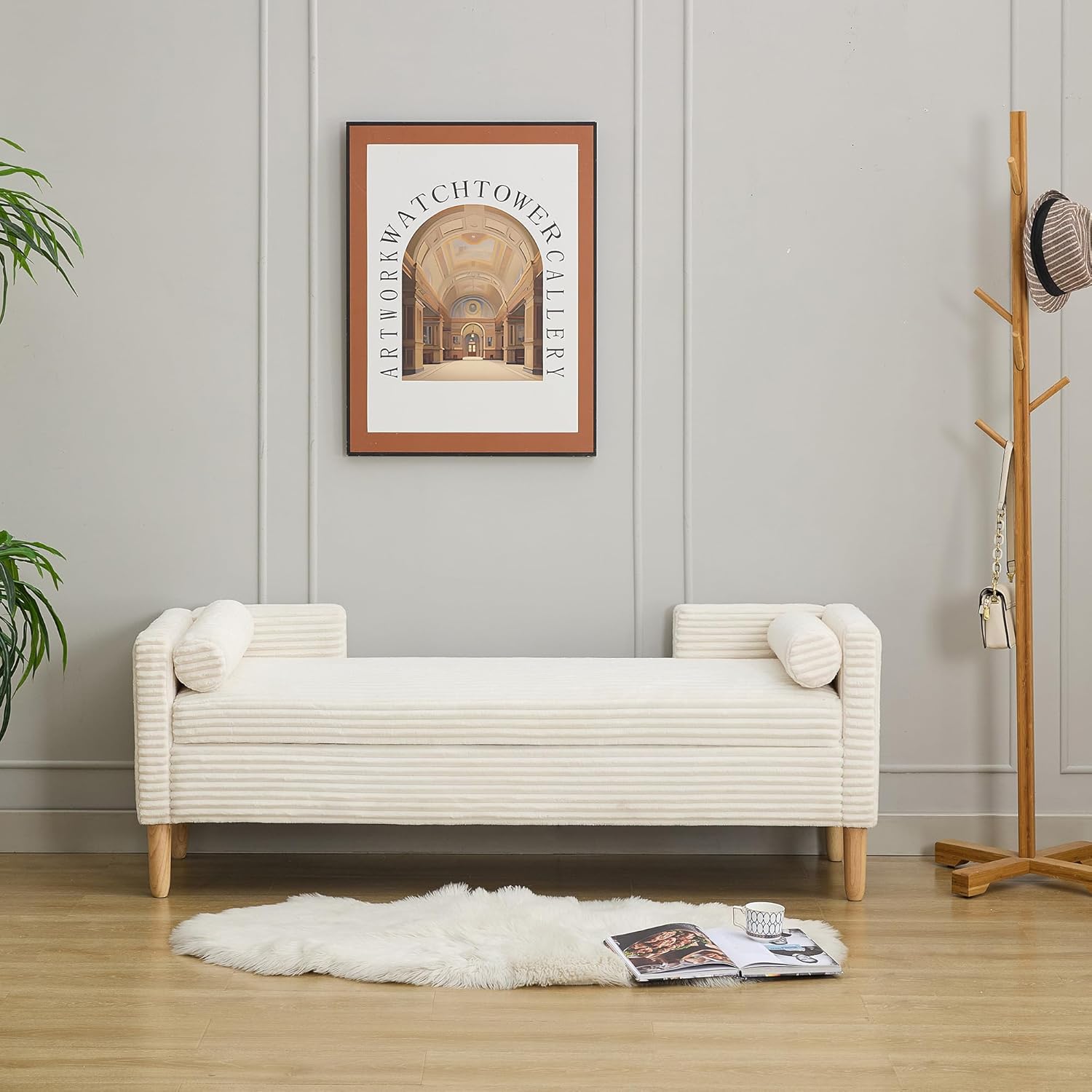 Comfortable Corduroy Storage Ottoman with Armrests,65.3" Modern Exquisite Bench End of Bed with 2 Pillow,Minimalist Style Window Sitting for Entryway,Living Room,Bedroom,Ivory