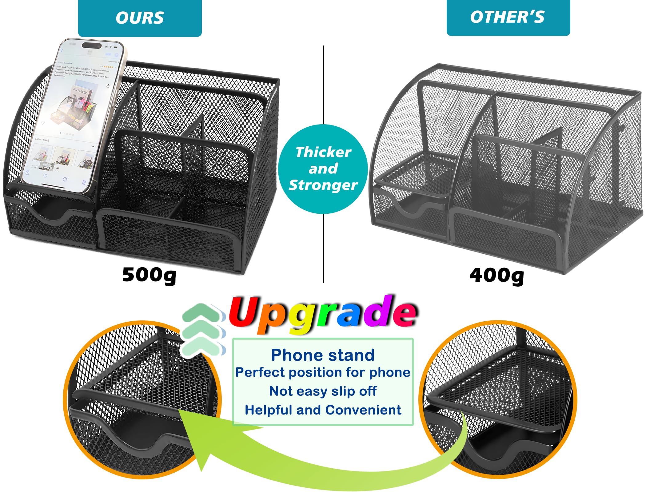 Boutilon Mesh Desk Organizer Desktop Office Supplies Stationary Organizer with 6 Compartments and 1 Drawer Multi-Functional Caddy Pen Holder for Home Office School Desk Decor(Black)