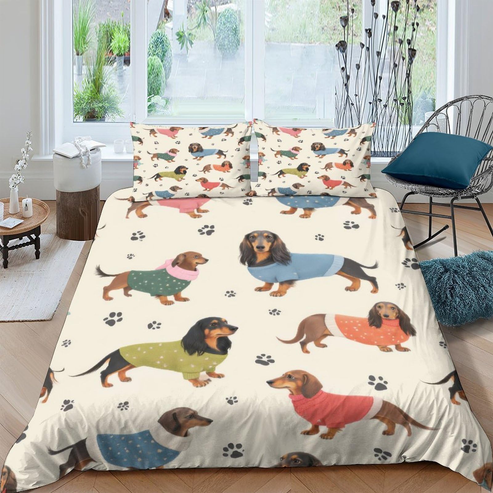 Ctjqhvkz Style-3 3D Printed Dachshund Dog Pattern Fitted Sheet Microfiber Soft Breathable Paw Print Bed Cover For Bedroom Dorm Decor Single（135X200cm）