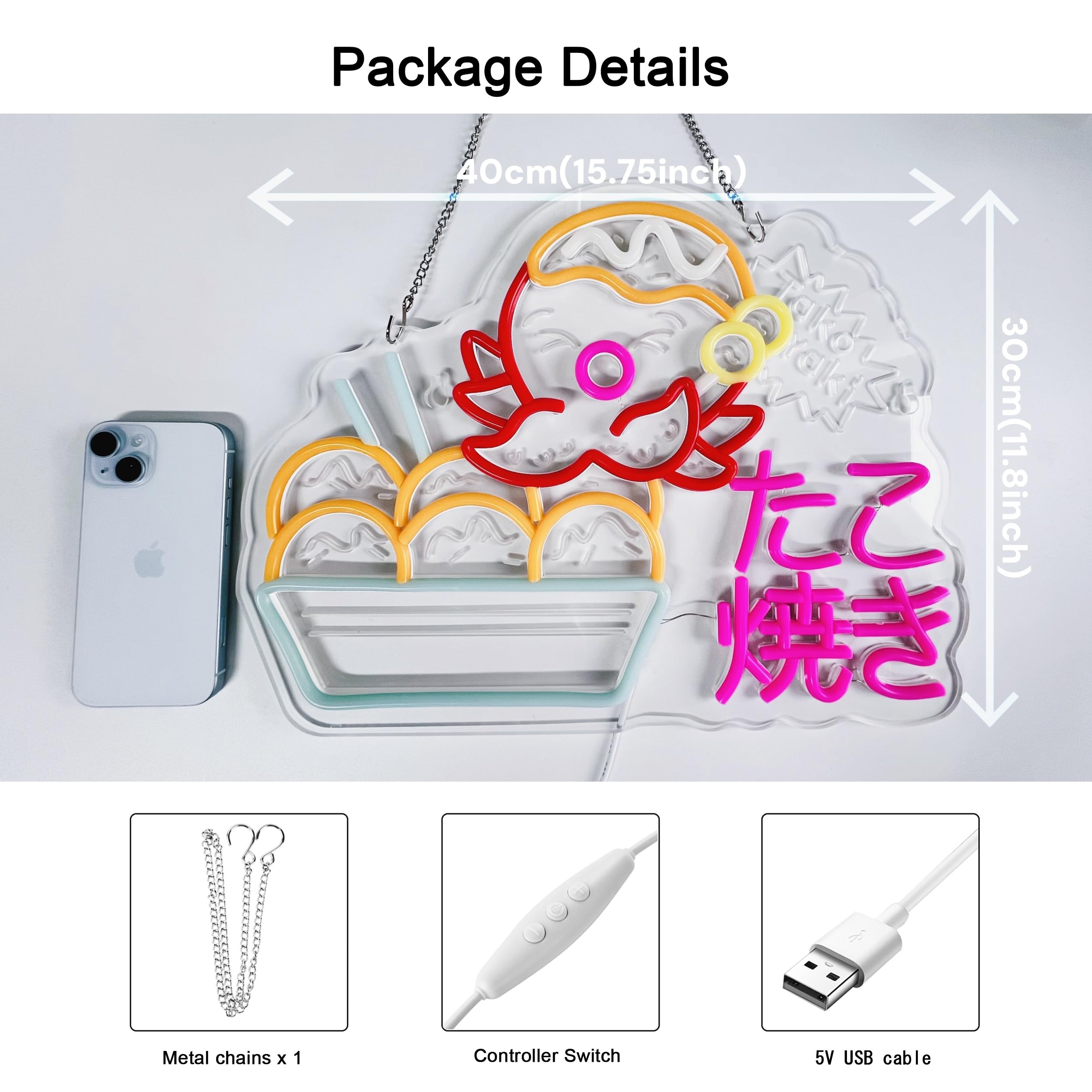 Takoyaki Pannello Neon da appendere per catering, negozio, bar, mercato, panetteria, caffè, feste, decorazione per la casa, alimentazione USB, ultra luminoso, 40 x 30 cm