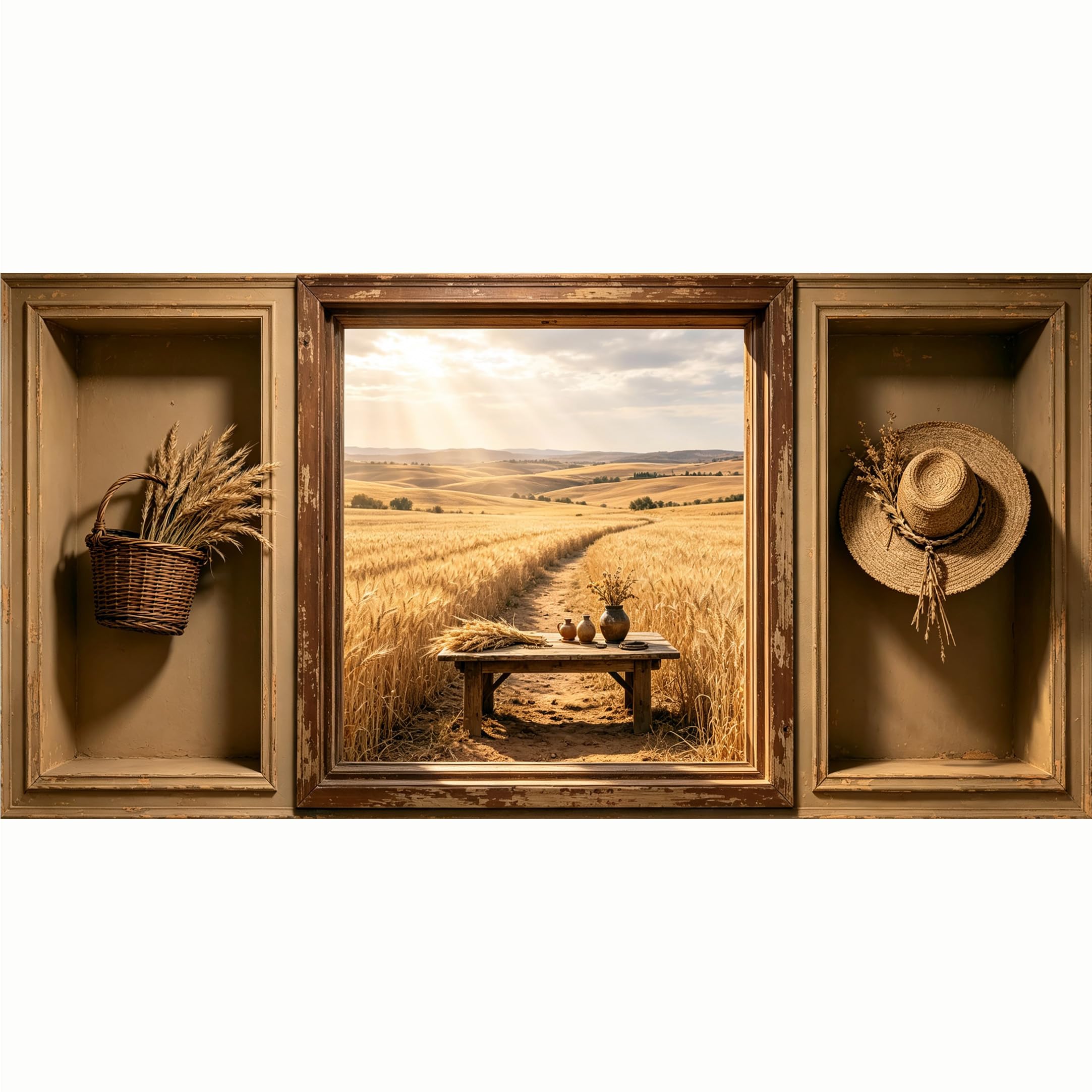 QZLITHOTIC 50x100cm 3D Framed Wall Art， Tuscan Wheat Field Farmhouse Landscape Self‑Adhesive Mural， Water‑Activated Peel & Stick Fabric Decor Wall Decal for Bedroom Living Room