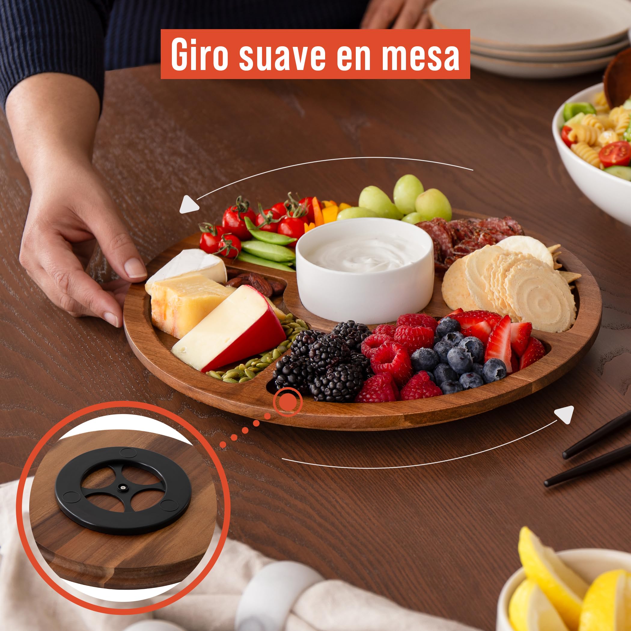 Chef Pomodoro Tabla de Quesos con Tapa (34 CM), Queseras para Guardar el Queso, Tabla para Quesos y Aperitivos, Tabla de Queso y Embutidos Madera, tabla de charcutería portátil, Redonda