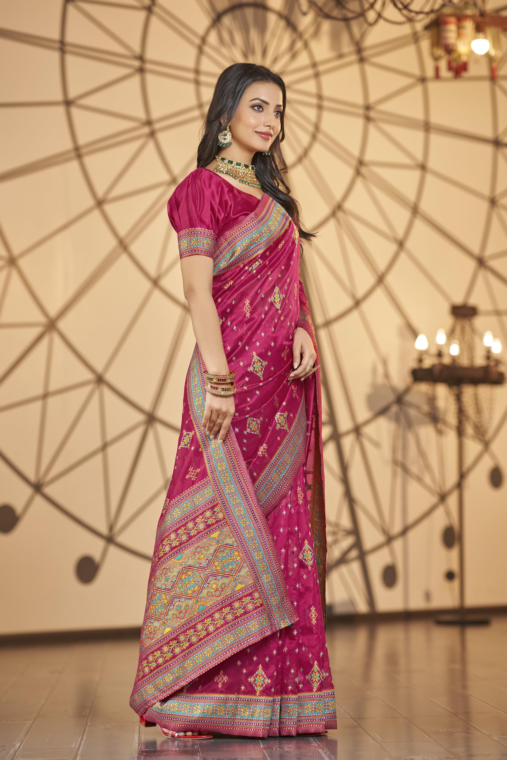 Glory Sarees Women's Kashmiri Pashmina Organza Silk Woven Saree With Blouse Piece (Heritage_Silk109_Rani) 3