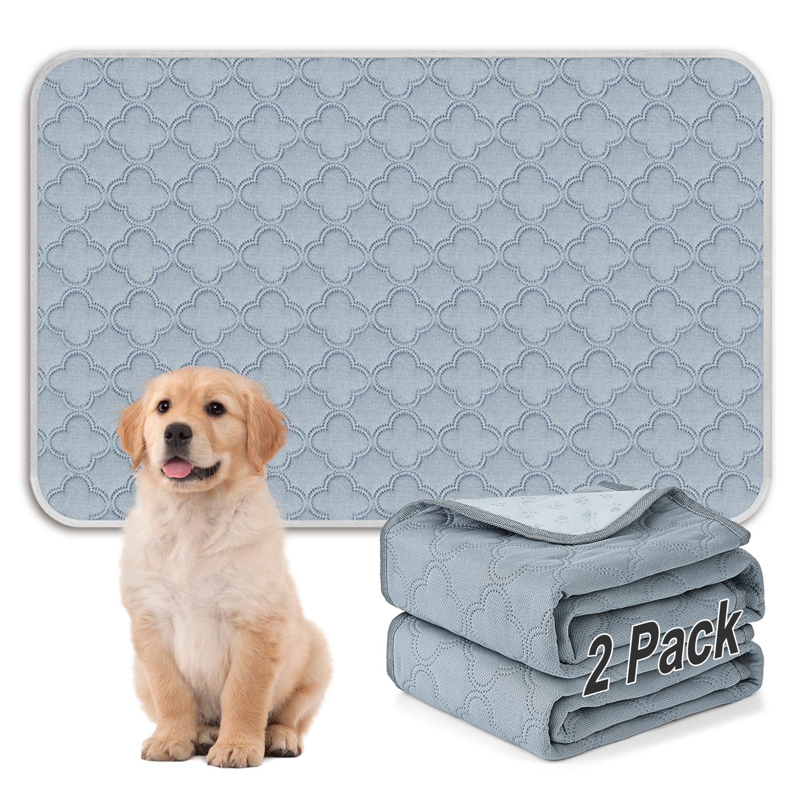 FunFurry Washable Super Absorbent Pee Pads - 2 Pack Reusable Waterproof Pet Training Pads with Paw Shape Non-Slip Backing (Light Grey, 36" x 48")