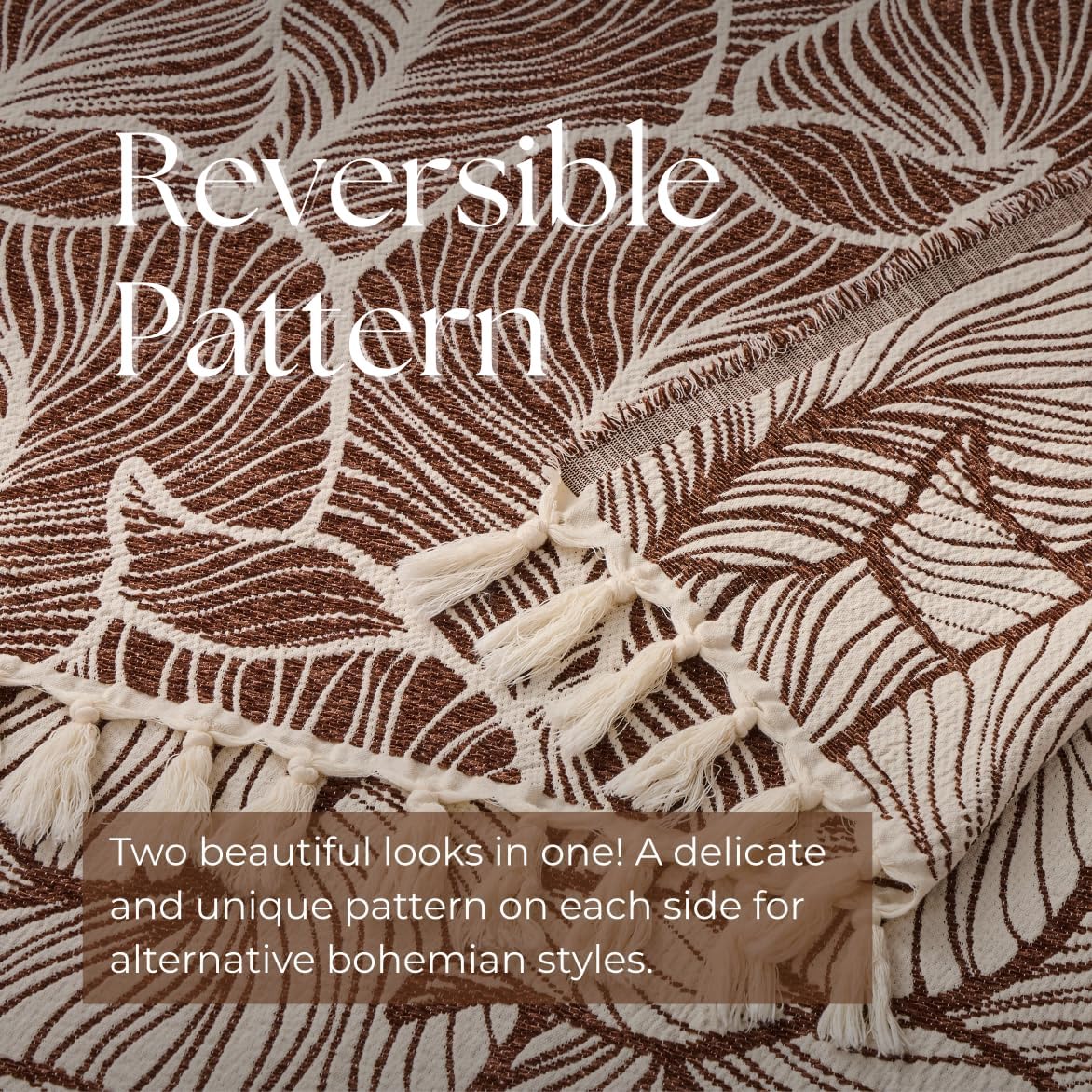 DOWN HOME Chenille Cotton Throw Blanket for Couch, Lightweight Boho Blanket for Bed Sofa Chair Living Room Outdoor Soft Woven Decorative Blanket with Tassel Gift Brown Leaves 60"x80"