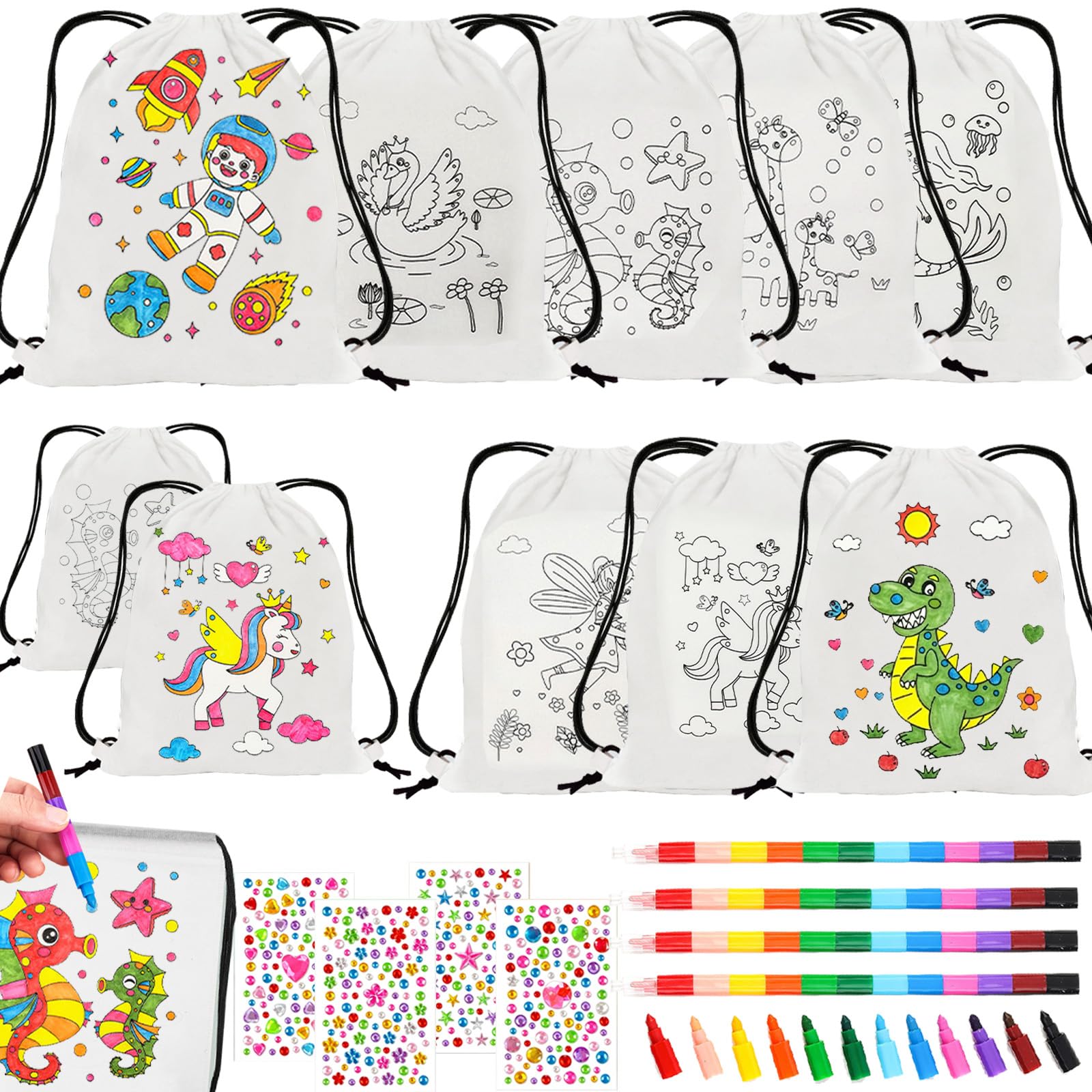 8 Sacs à Dos à Colorier avec 4 Crayons de Cire Empilables 12 Couleurs en 1 Anniversaire Licorne Kit Coloriage Sac DIY Customisable Canvas Makeup Bag Case For Colouring Creative Leisure