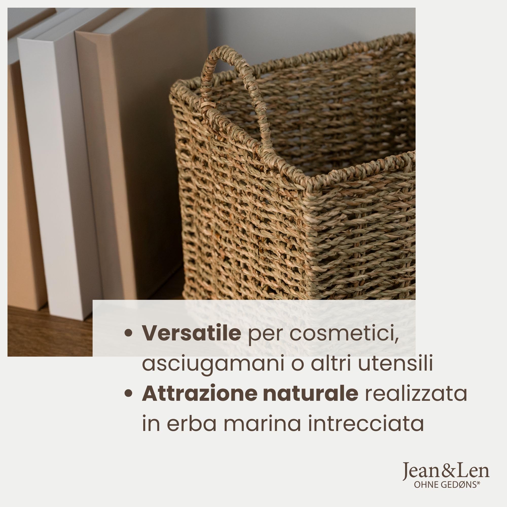 Jean & Len cesto portaoggetti, rettangolare, in alga marina, versatile per asciugamani, cosmetici e altri accessori, soluzione di conservazione decorativa e duratura, 22 x 22 x 26 cm