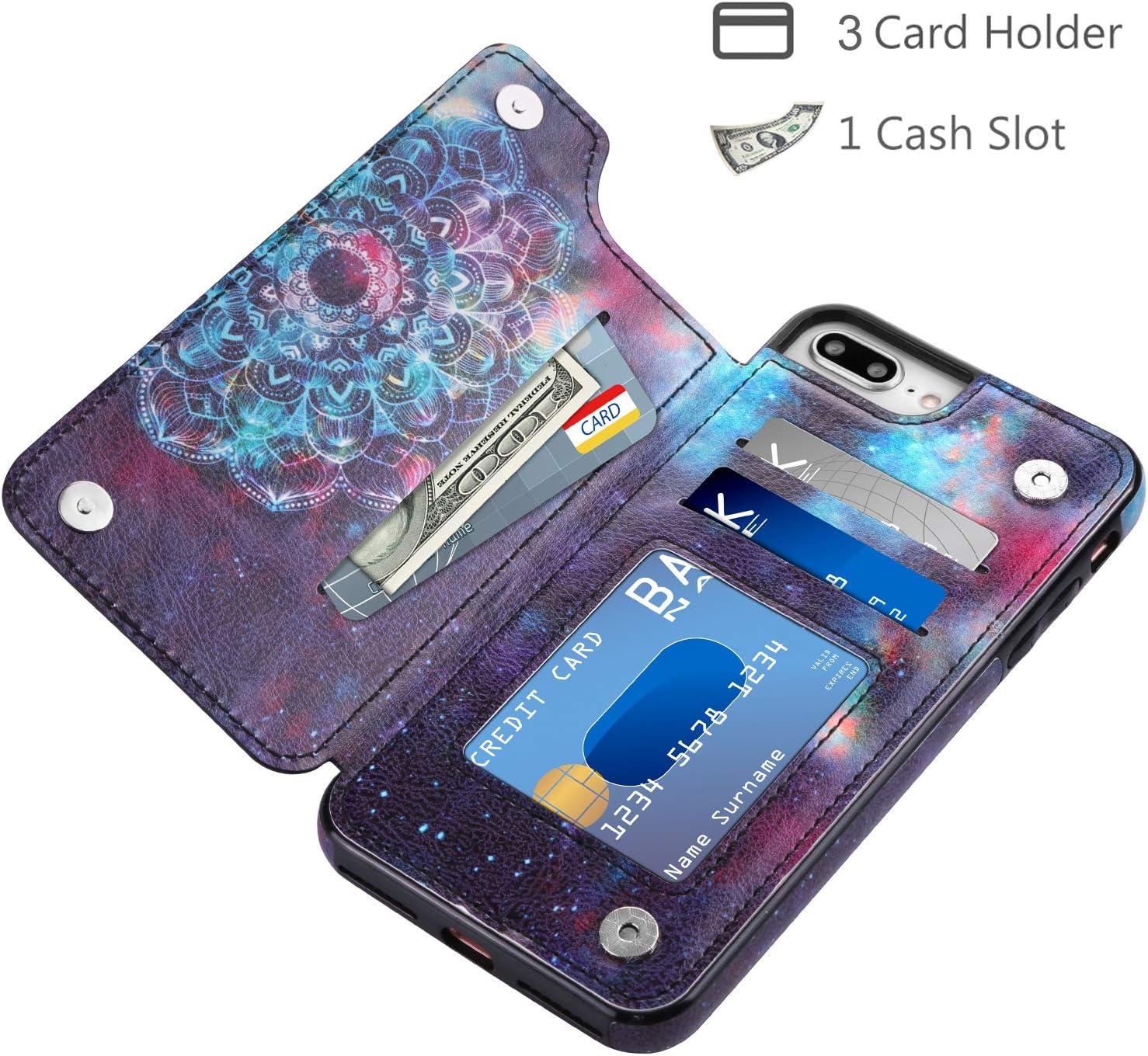 HianDier Wallet Case for iPhone 8 Plus 7 Plus Slim Protective Case with Credit Card Slot Holder Flip Soft PU Leather Magnetic Closure Cover Compatible with iPhone 7 Plus 8 Plus 6 Plus 6s Plus, Mandala