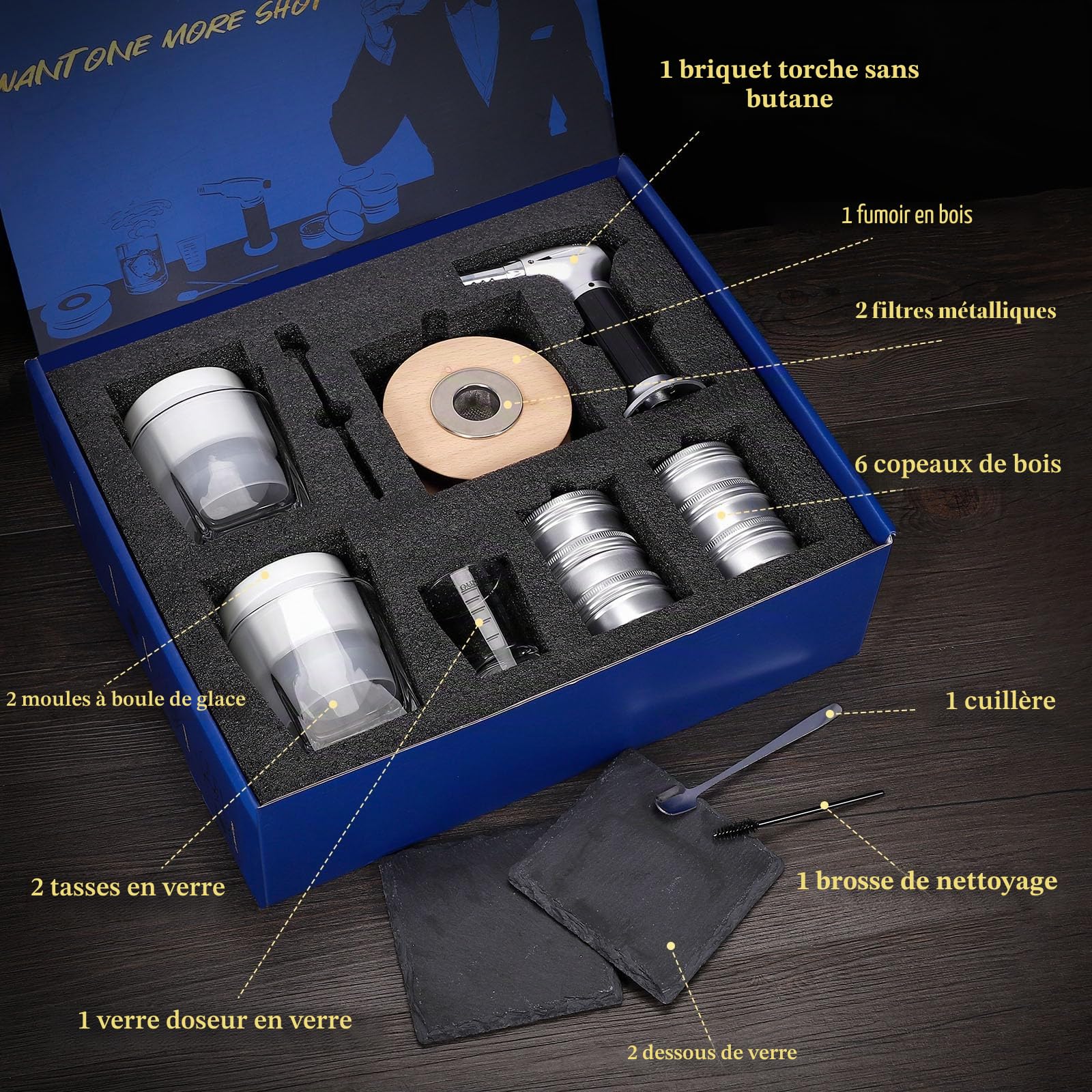CWLAKON Kit de Fumeur de Cocktail avec Torche, Smoker Bourbon Old Fashioned Drink avec 6 Copeaux en Bois, Cadeaux d'anniversaire et Noël pour Hommes(sans Butane)