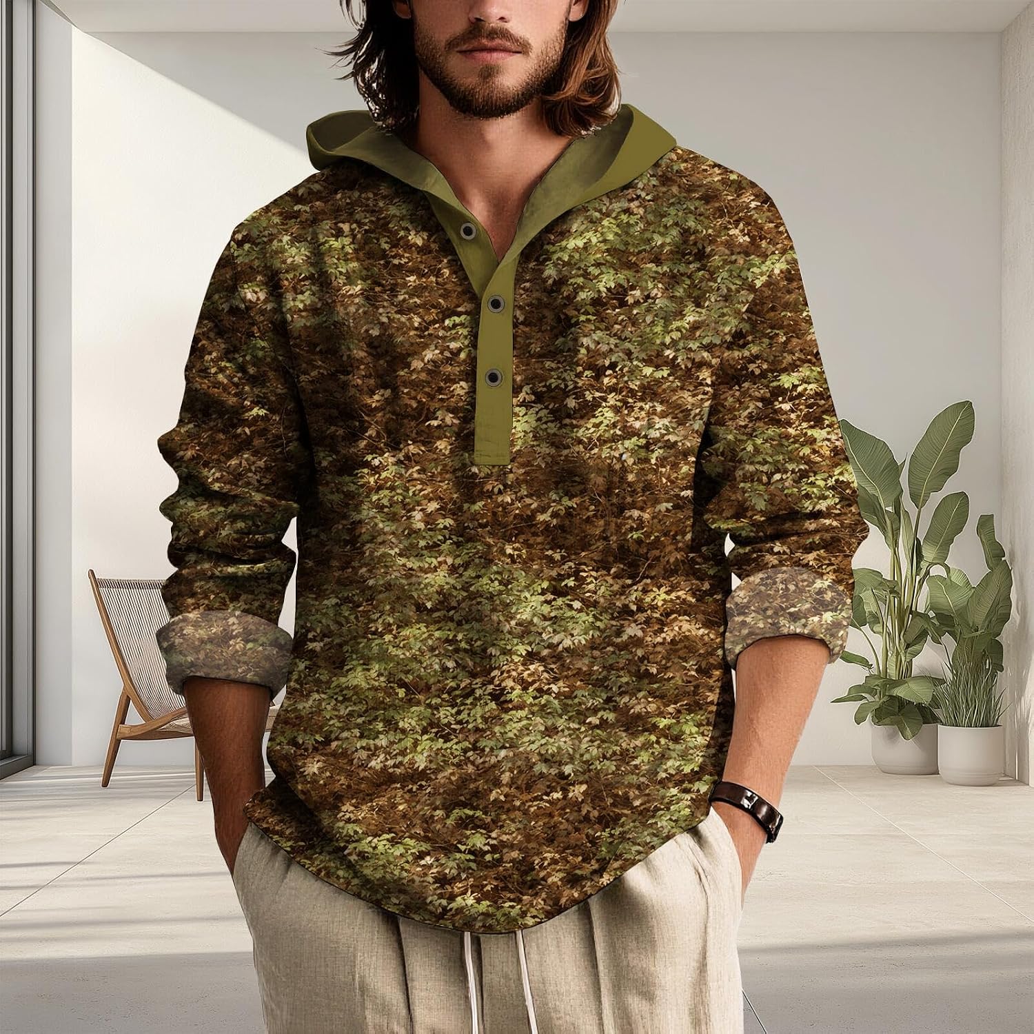 BIVENANT Men Camo Hoodies 1/4 Button Shirts Graphic Long Sleeve Gradient Pullover Tops Sweatshirt Hooded Hunting Clothes