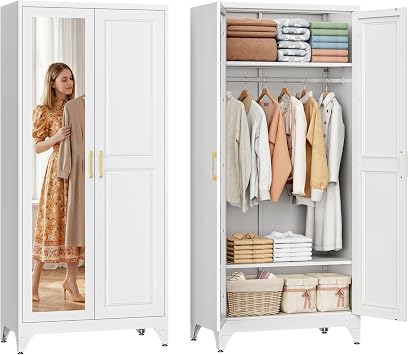 SteeLoong Metal Wardrobe Cabinet with Hanging Rod, 71" Tall Armoire Wardrobe Closet with Mirror Doors and Adjustable Shelves, White Clothing Storage Cabinets for Bedroom, Laundry Room