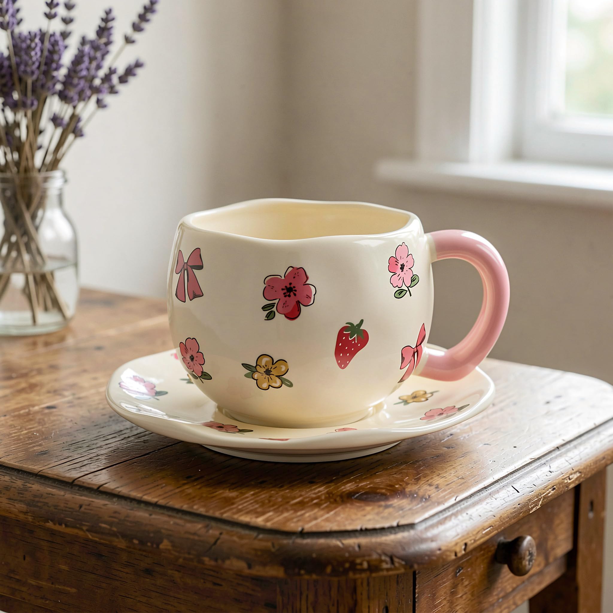 Tasses à thé en céramique, Tasse à thé avec soucoupe et nœud rose, tasse latte 330 ml/11 oz