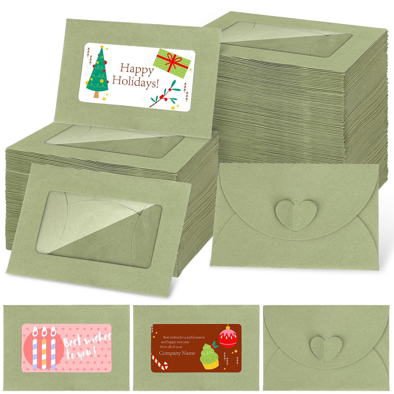 FYSUIMU 300Pcs Sage Green Kraft Window Gift Card Envelopes 4.1 x 2.8 Inch Mini Envelopes with Heart Shaped Clasp for Business Card Party Greeting