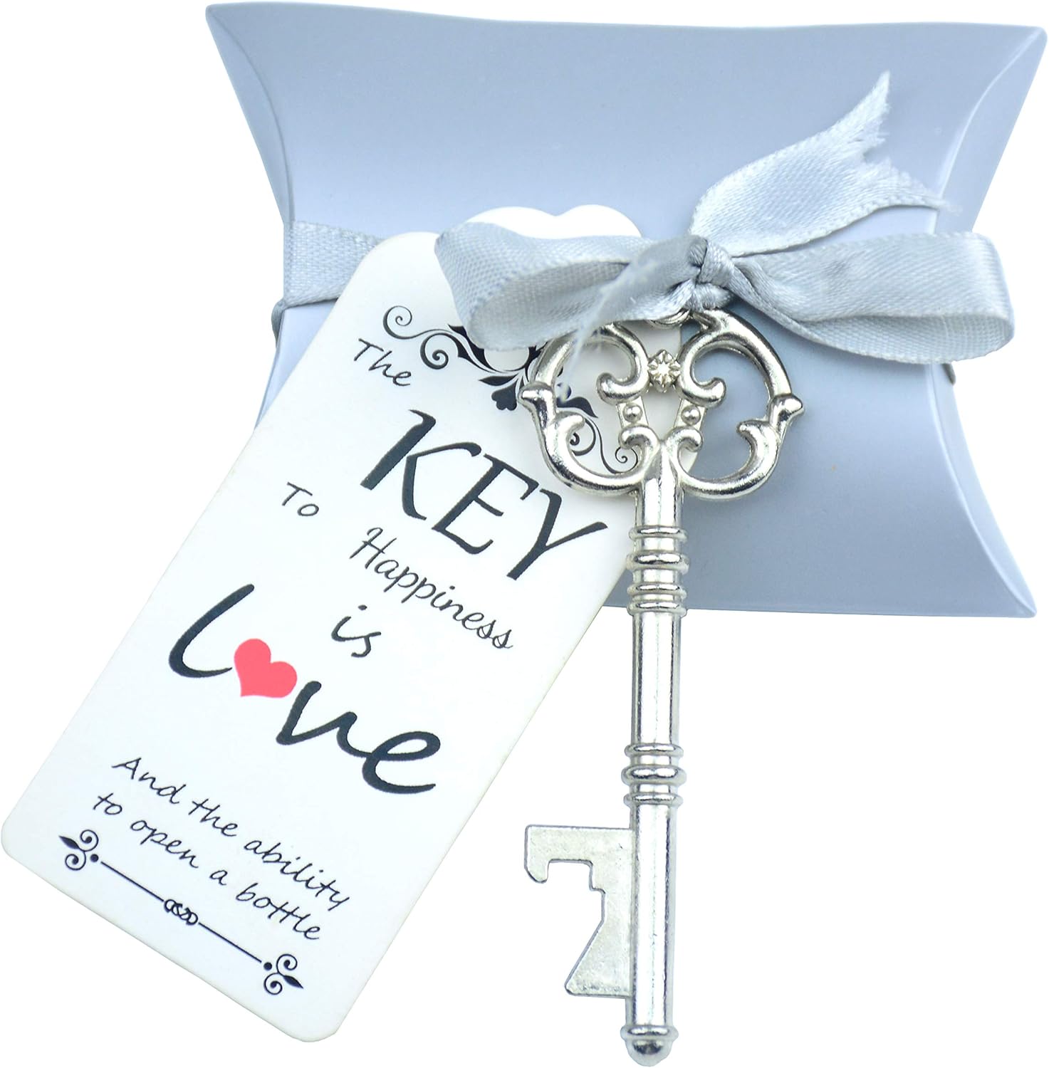 New Product 50pcs Wedding Favor Souvenir Gift Set Pillow Candy Box Vintage Skeleton Key Bottle Openers Escort Gift Card Thank You Tag French Ribbon(Antique Silver)