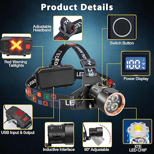 Miniatura 4 de Paquete de 2 faros recargables, lámpara de cabeza súper brillante de 3000 lúmenes, luces de cabeza de ángulo de 90 para frente, 4 modos de luz LED