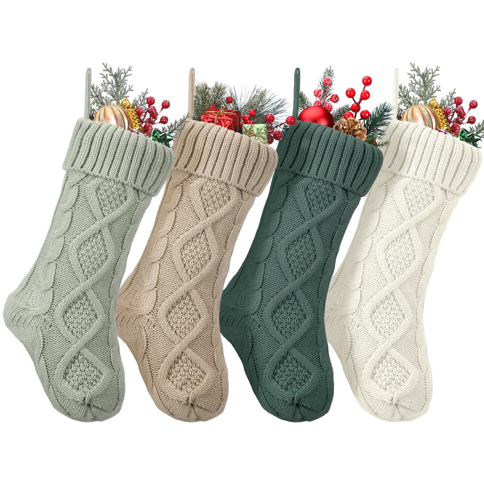 Coume 4 Pcs Sage Green Christmas Stockings, 18" Large Knitted Stockings